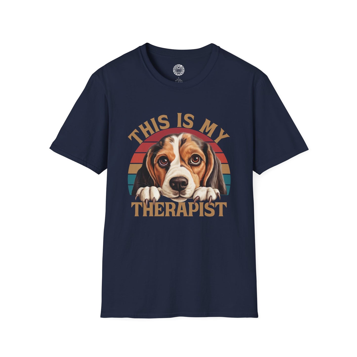 Navy blue t-shirt with a beagle dog graphic and 'This is my therapist' text on a white background