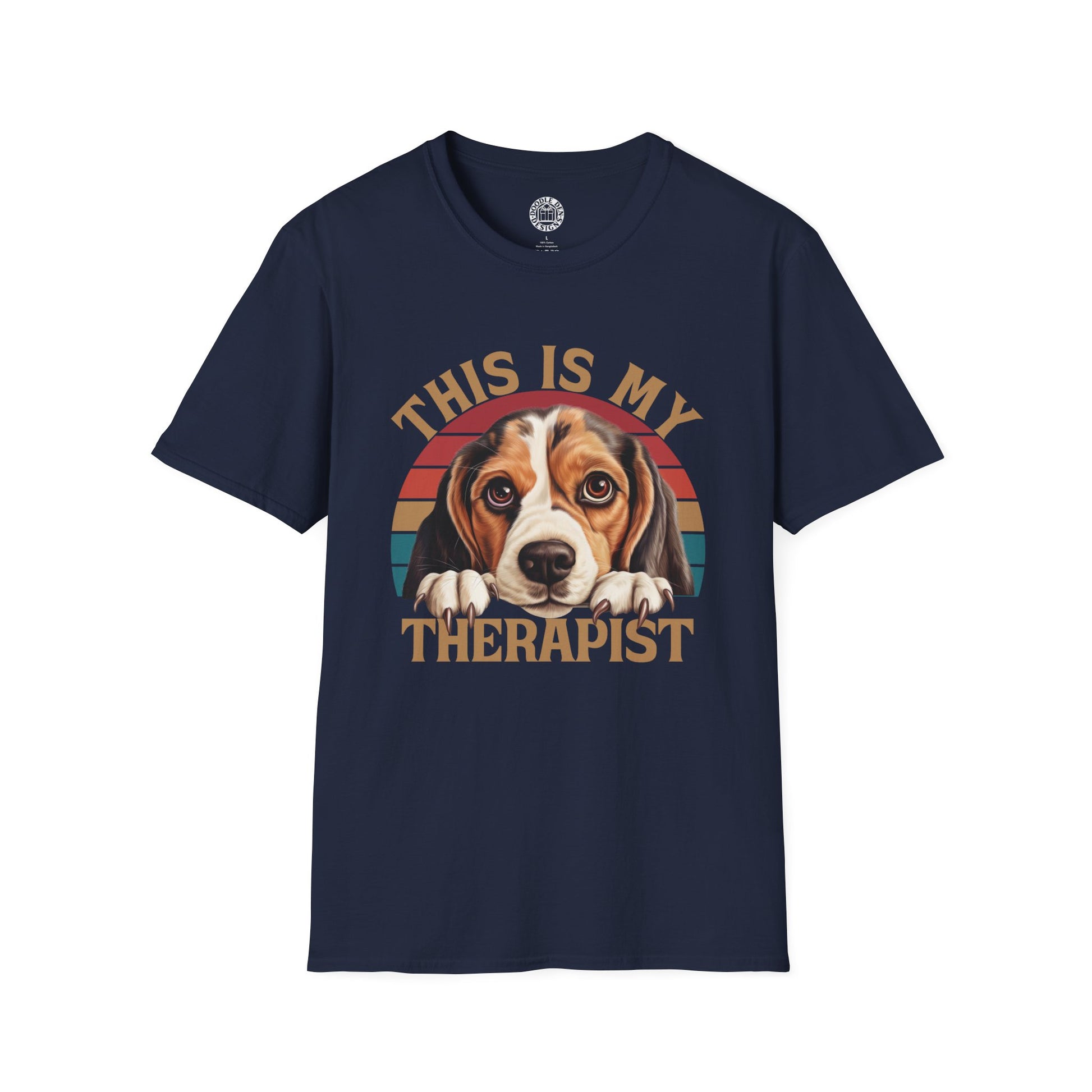 Navy blue t-shirt with a beagle dog graphic and 'This is my therapist' text on a white background