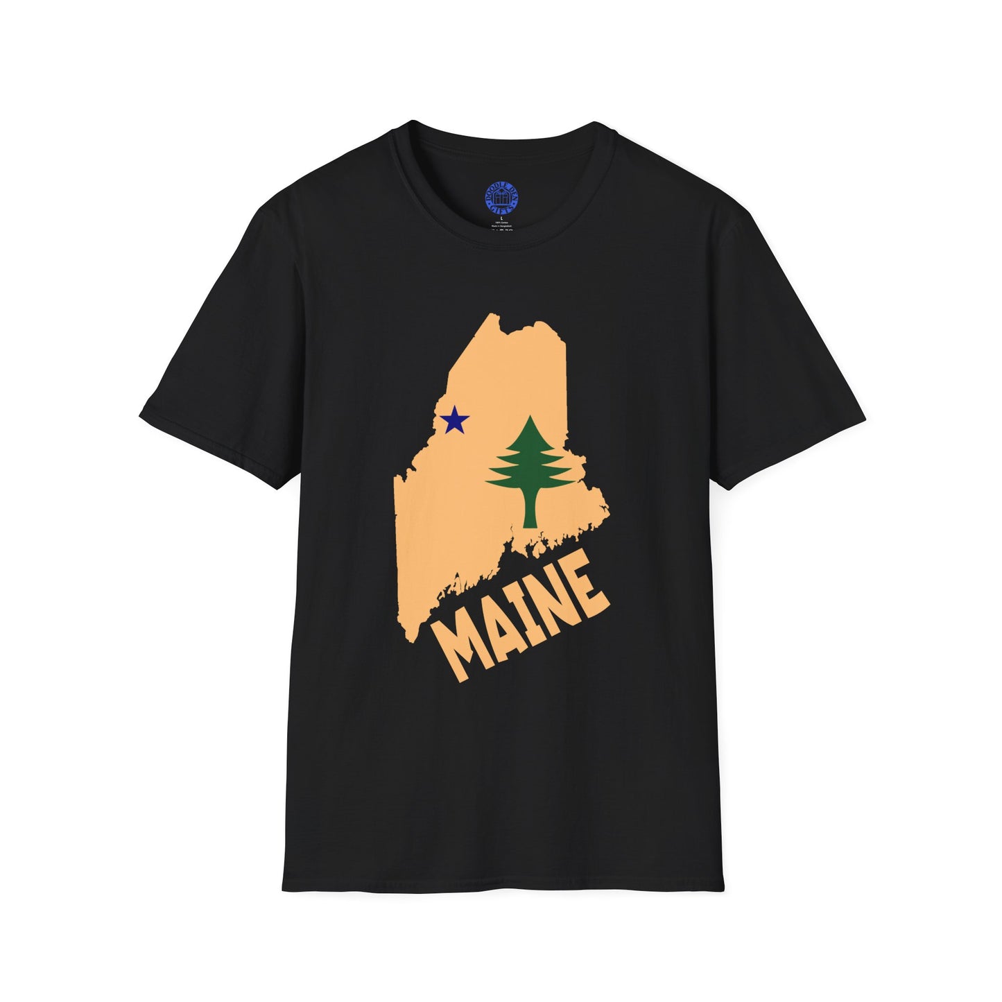 Black t-shirt with a graphic of Maine state map and tree design on a white background