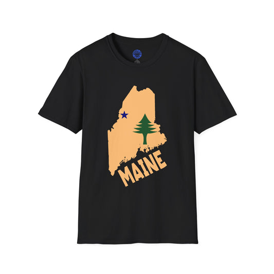 Black t-shirt with a graphic of Maine state map and tree design on a white background