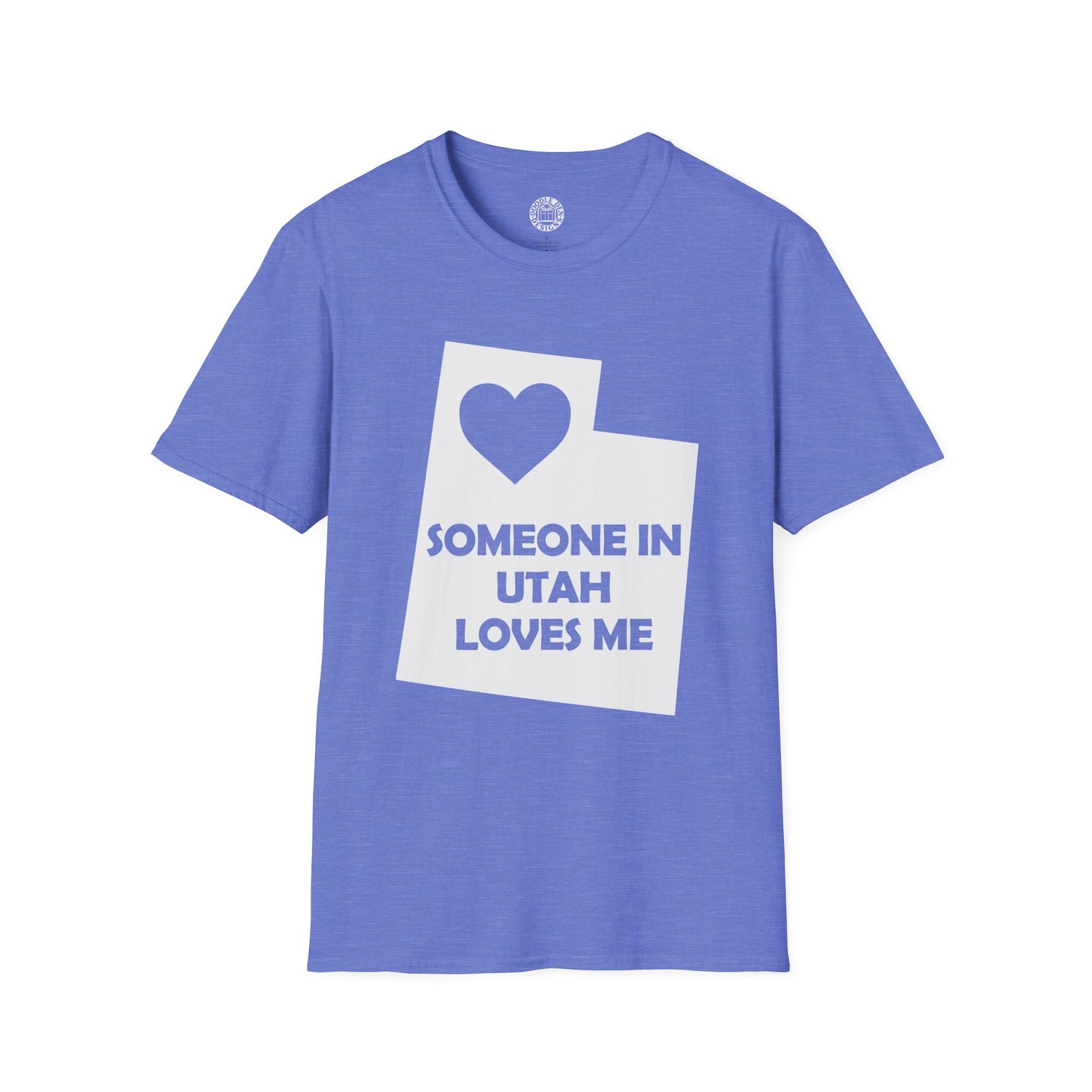 Blue t-shirt with a graphic and text 'Someone in Utah loves me' on a white background