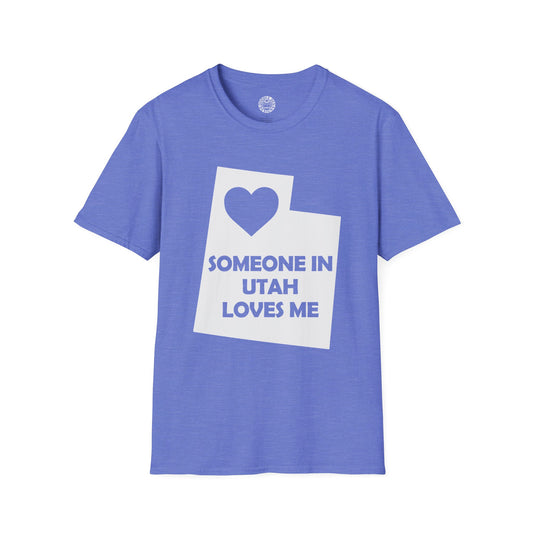 Blue t-shirt with a graphic and text 'Someone in Utah loves me' on a white background