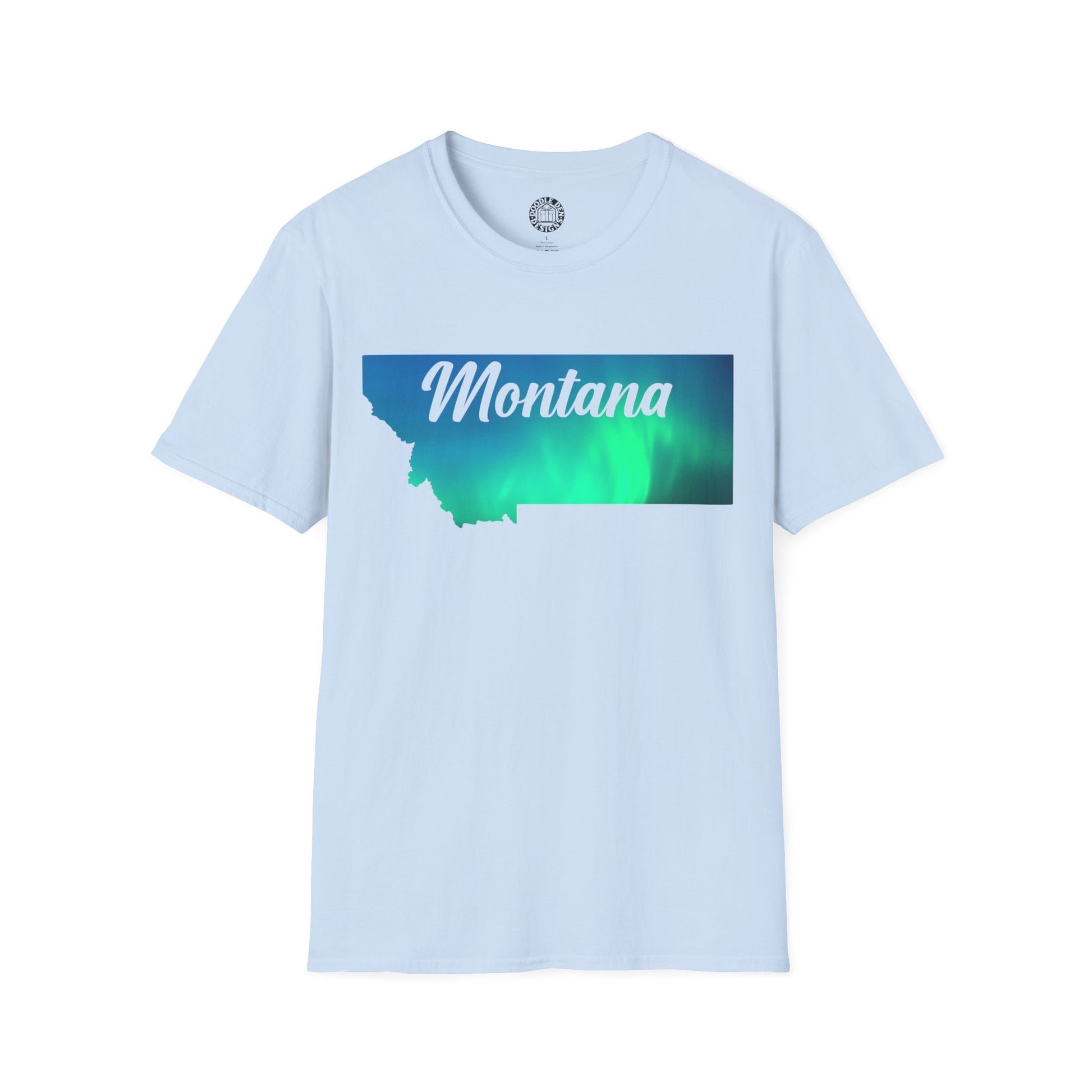 Light blue t-shirt with a graphic of Montana and an Aurora Borealis design on a white background
