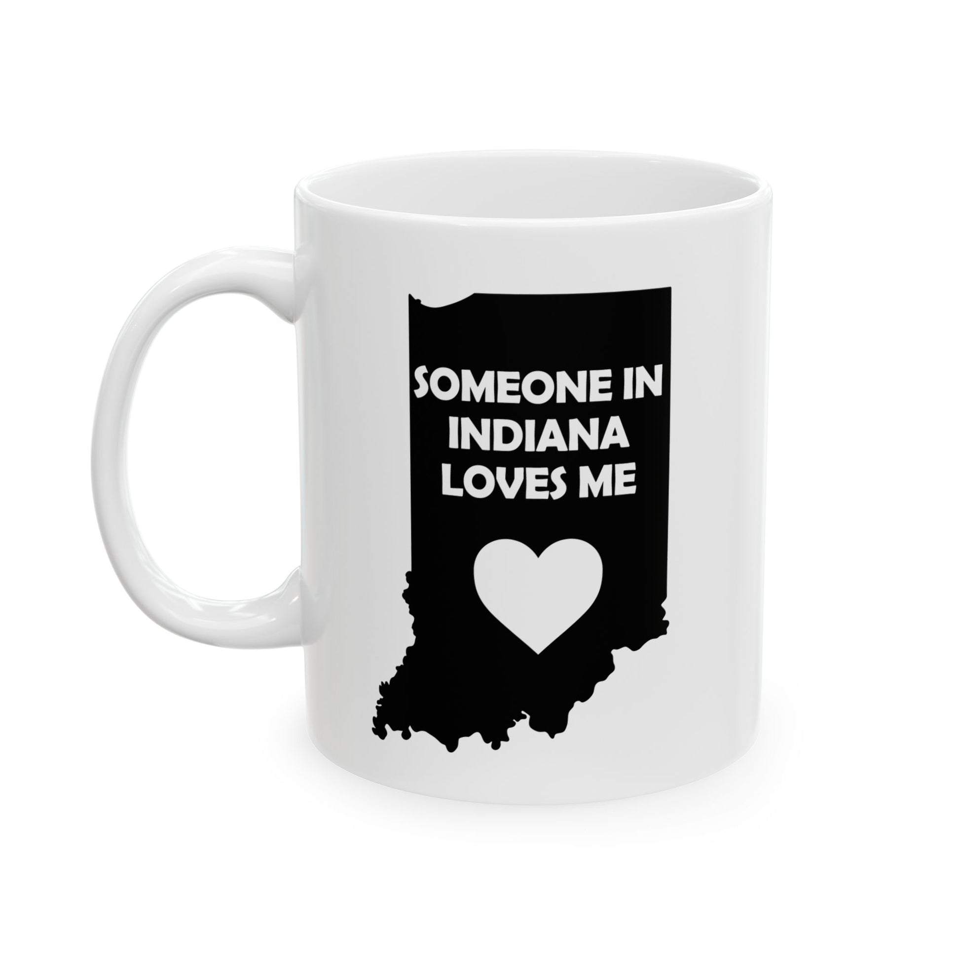 White mug with black Indiana outline and heart design on a white background