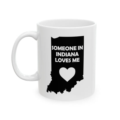 White mug with black Indiana outline and heart design on a white background