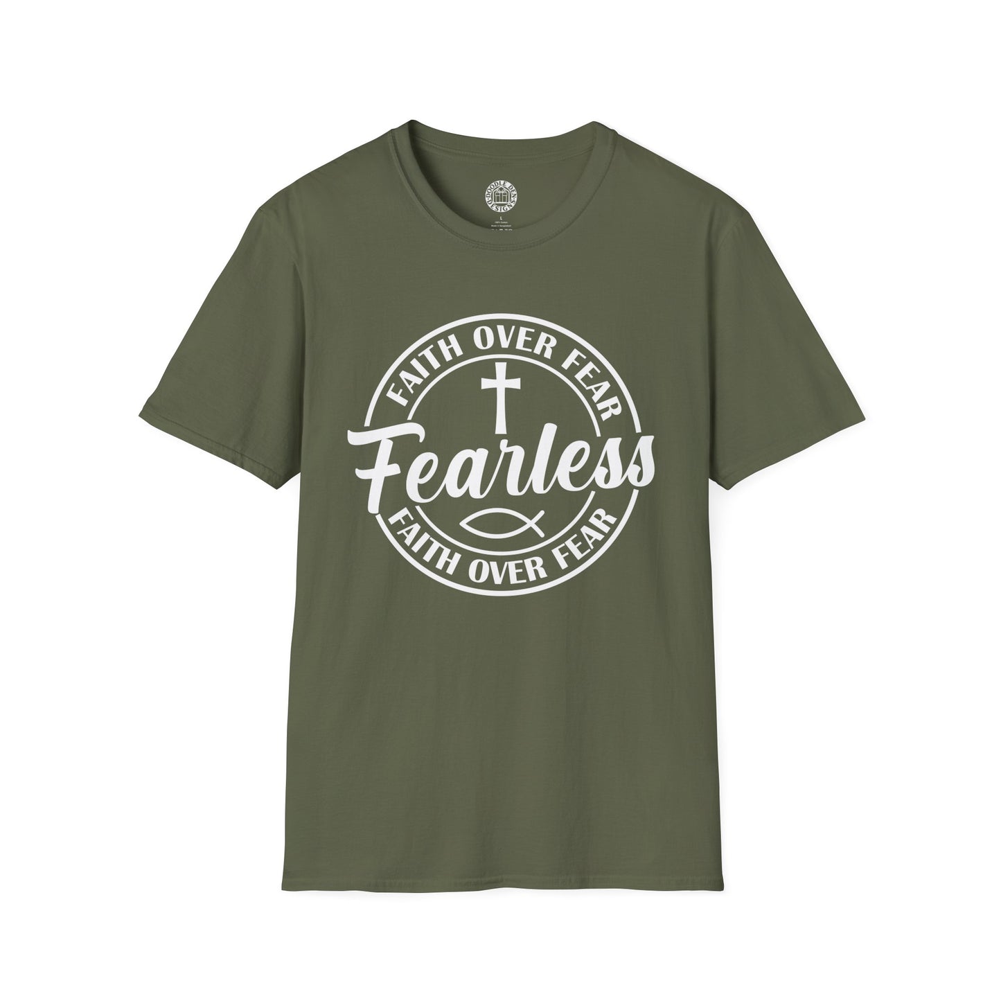 Olive color t-shirt with the words Fearless Faith Over Fear with cross and fish symbol