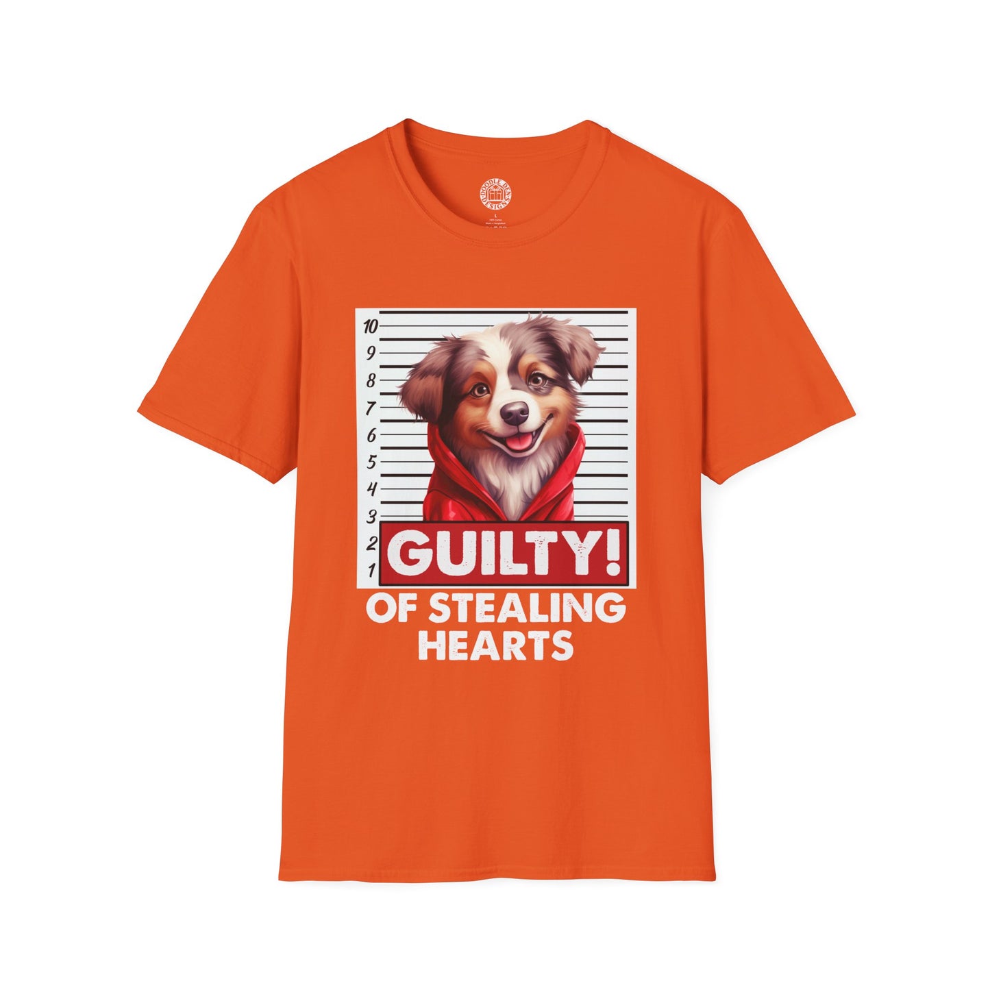 Orange t-shirt with a Australian Shepherd dog graphic and text 'Guilty! Of Stealing Hearts' on a white background