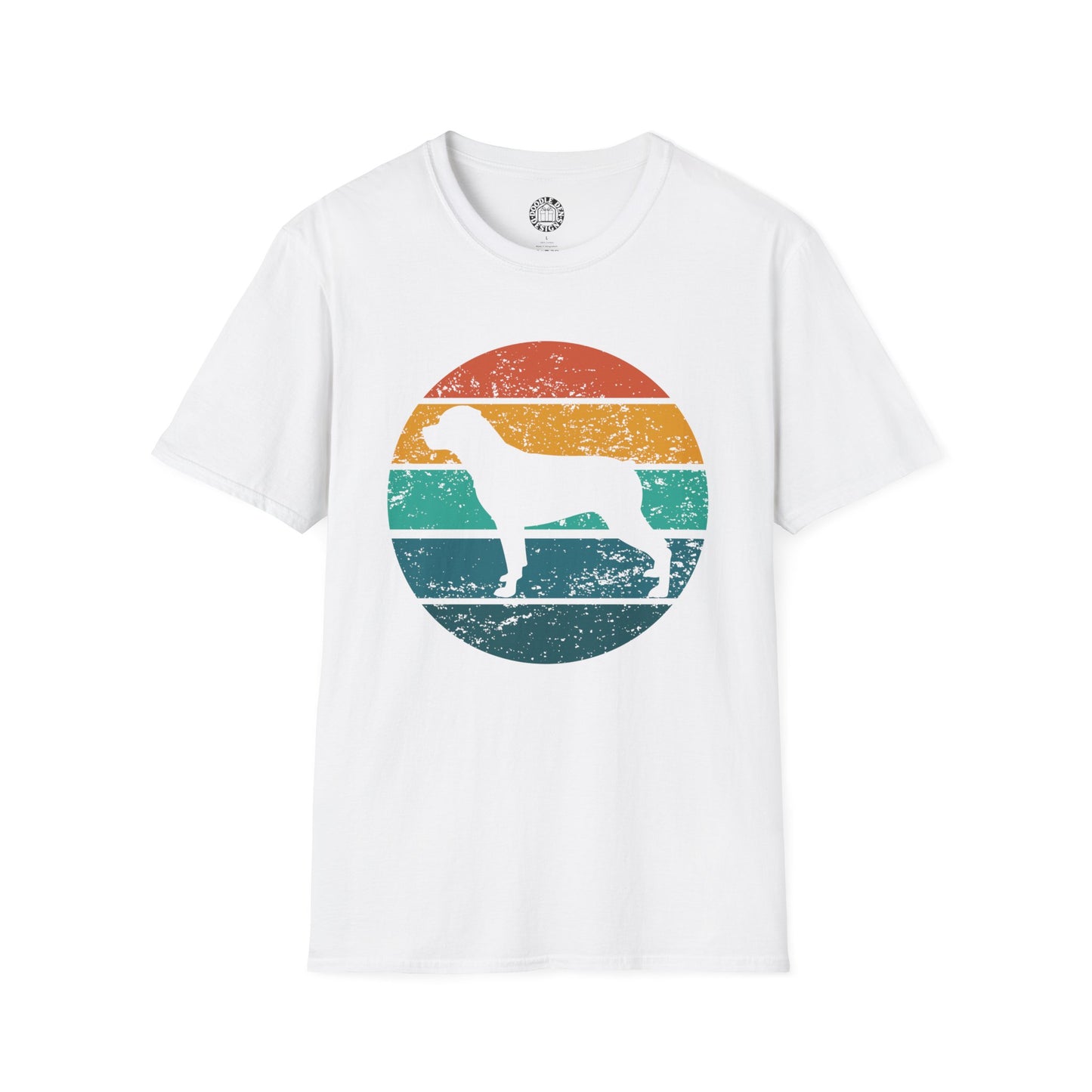 White t-shirt with a colorful circular design featuring a silhouette of a Rottweiler dog on a white background