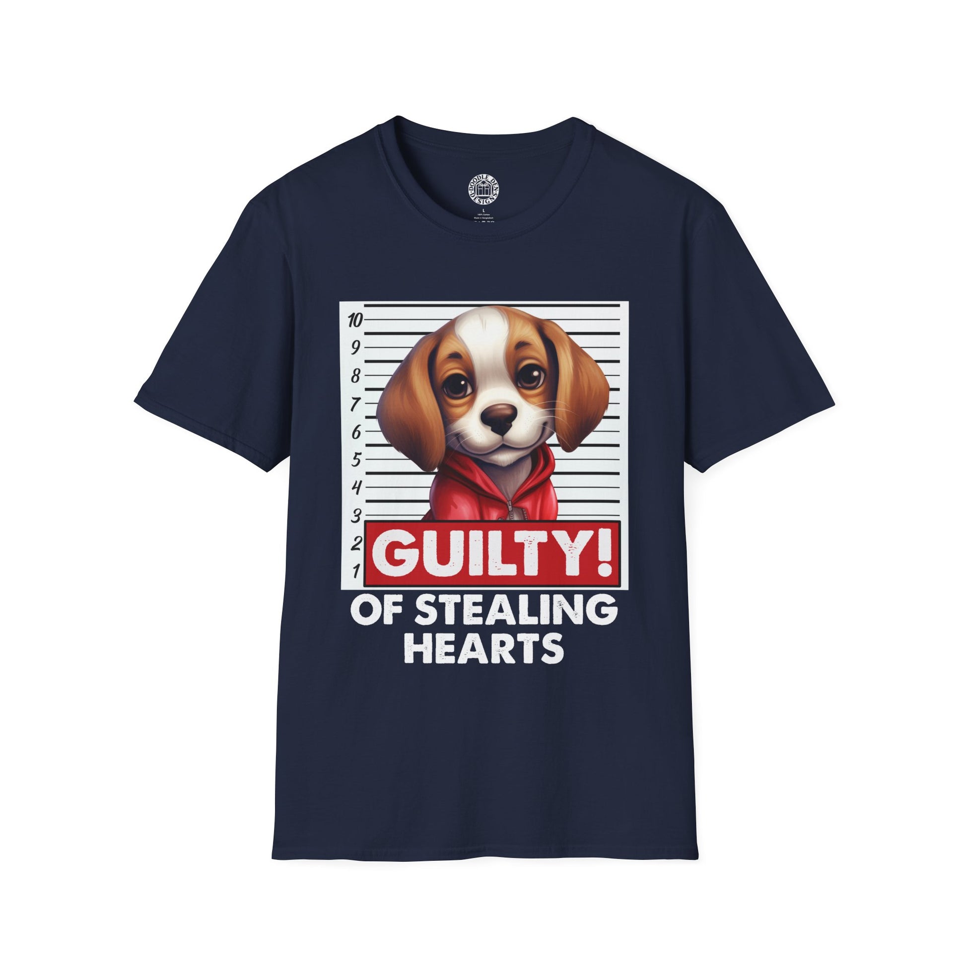 Navy blue t-shirt with a Beagle dog graphic and 'Guilty of Stealing Hearts' text on a white background