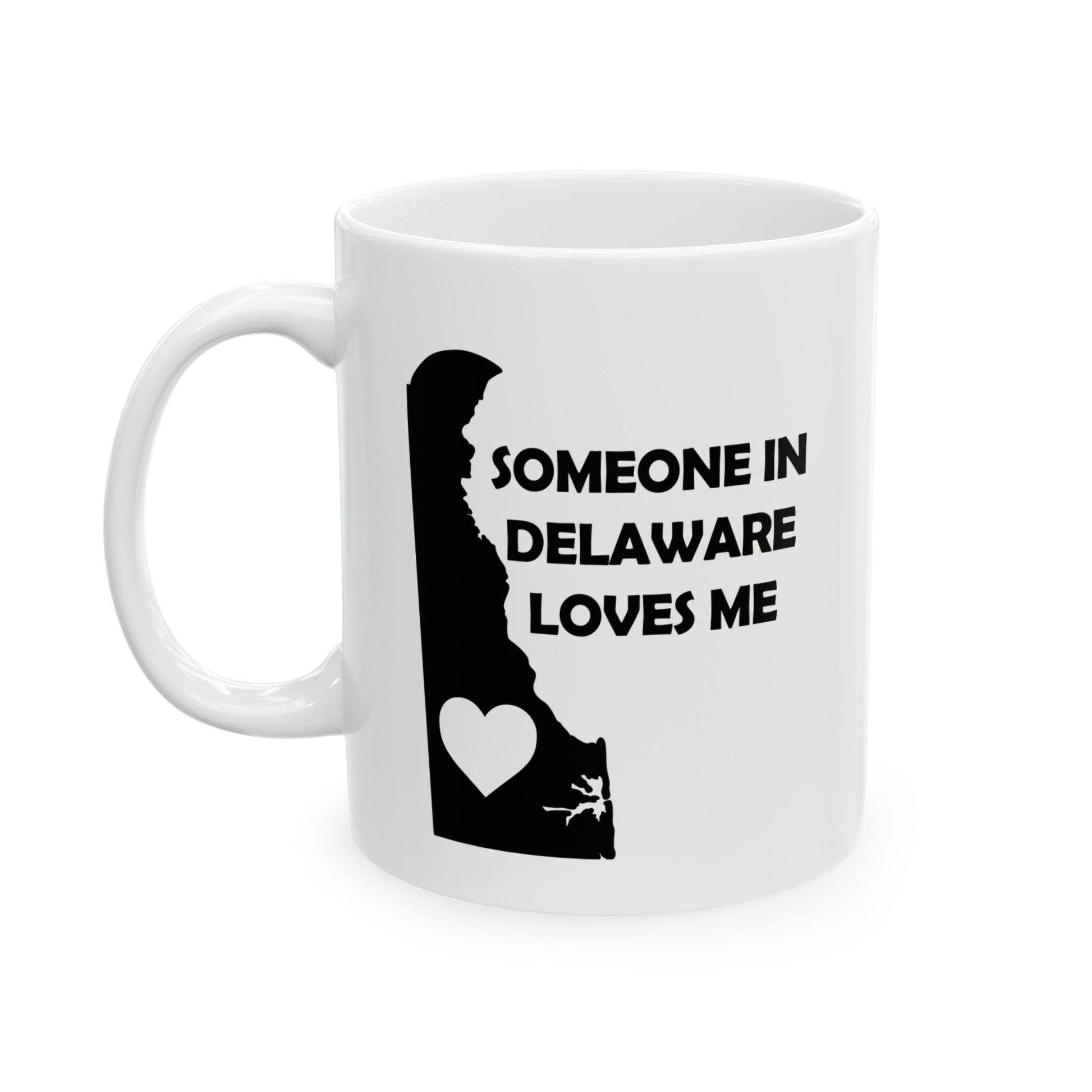 White mug with black silhouette of Delaware and text 'Someone in Delaware loves me' on a white background