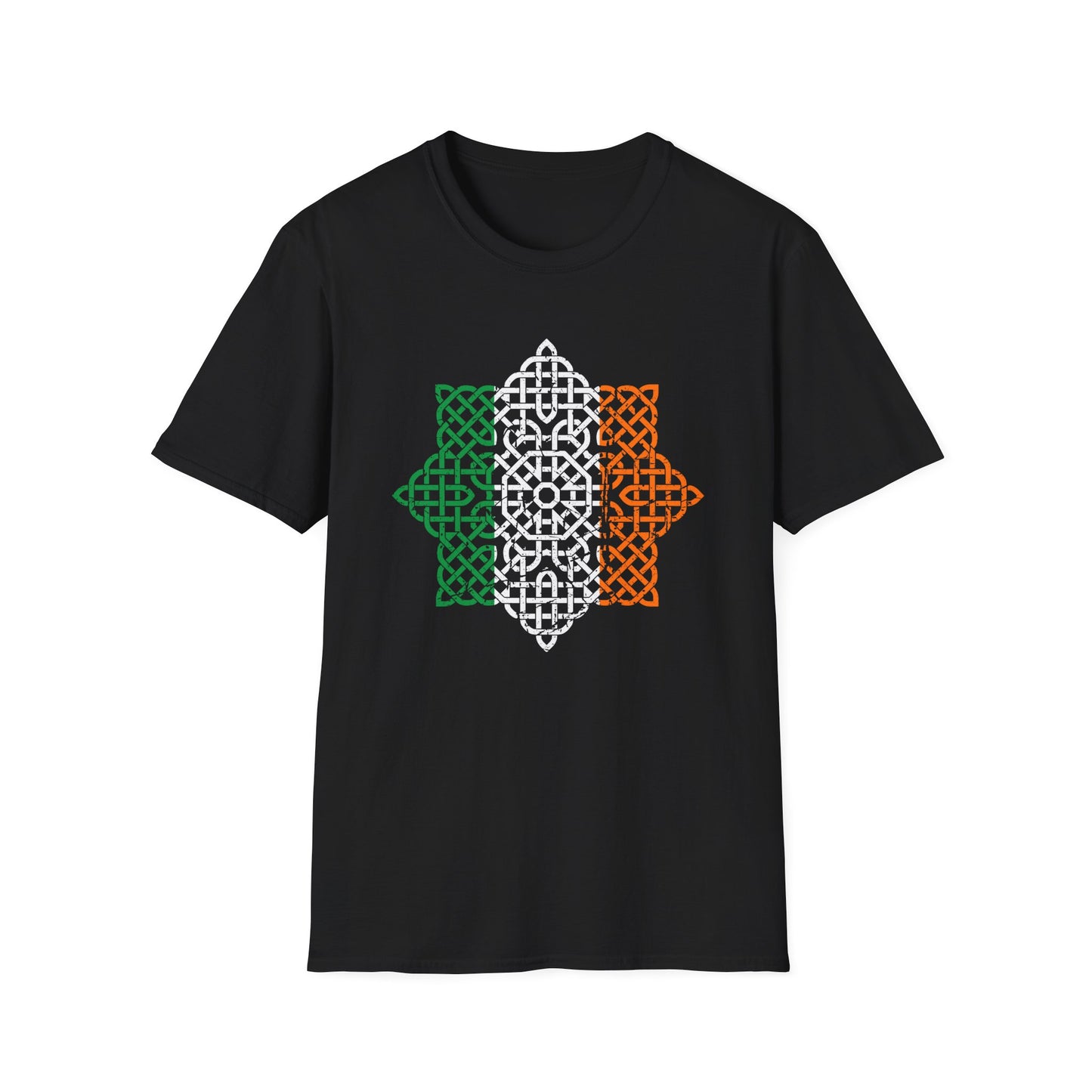 Black t-shirt with Irish Ireland geometric design in green, white, and orange on a white background