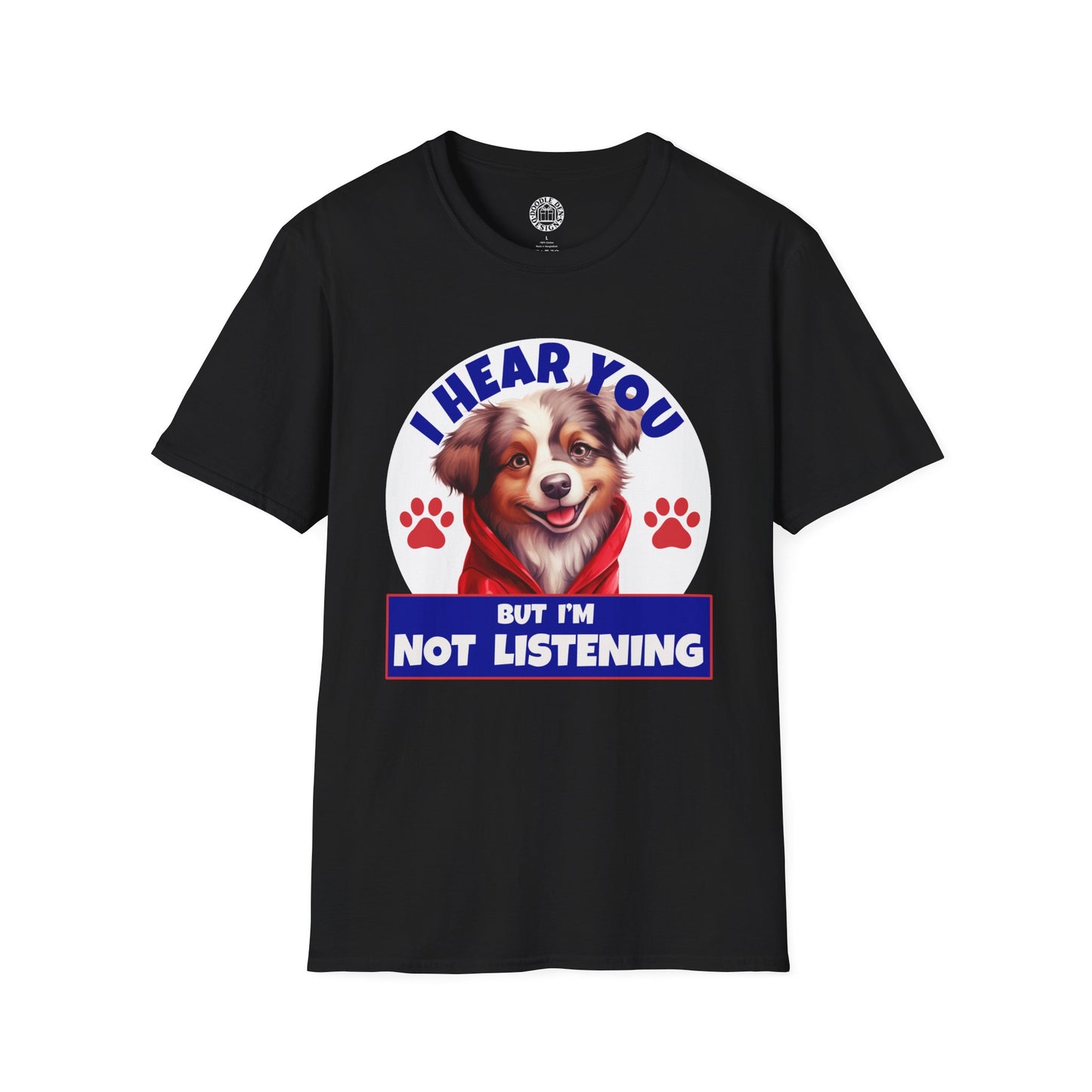 Black t-shirt with a Australian Shepherd dog graphic and text on a white background