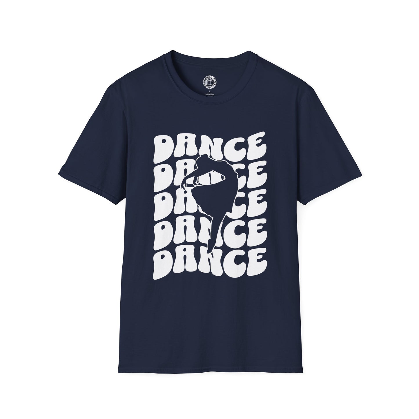 Navy blue t-shirt with white 'DANCE' text and silhouette graphic on a white background