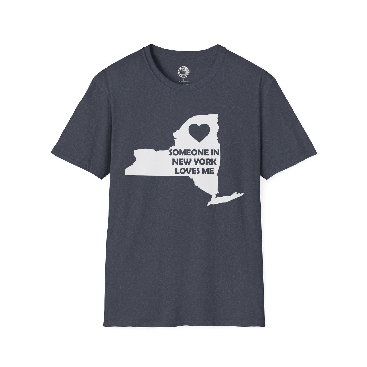 Navy blue t-shirt with a white graphic of New York state and text on a white background with text  Someone In New York Loves Me