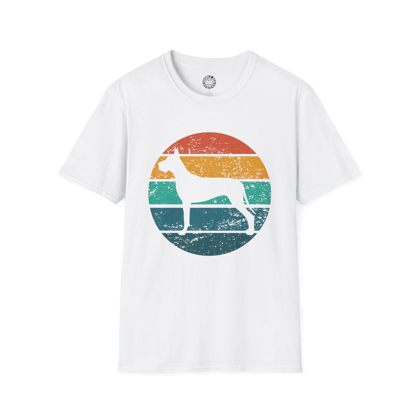 White t-shirt with a colorful graphic of a Great Dane dog and rainbow circle on a white background