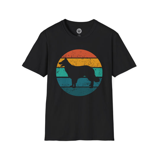 Black t-shirt with a border collie graphic and colorful circle on a white background