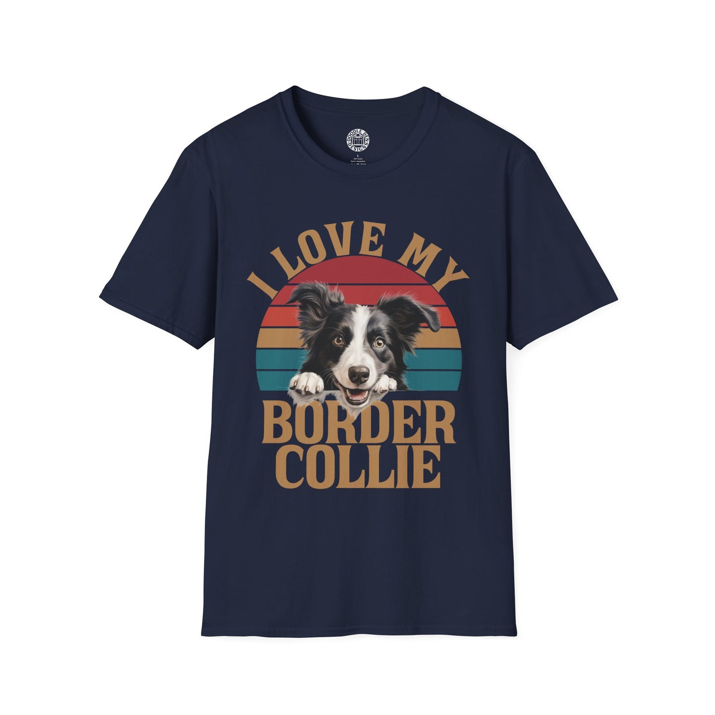 Navy blue t-shirt with a graphic of a border collie and text 'I Love My Border Collie' on a white background