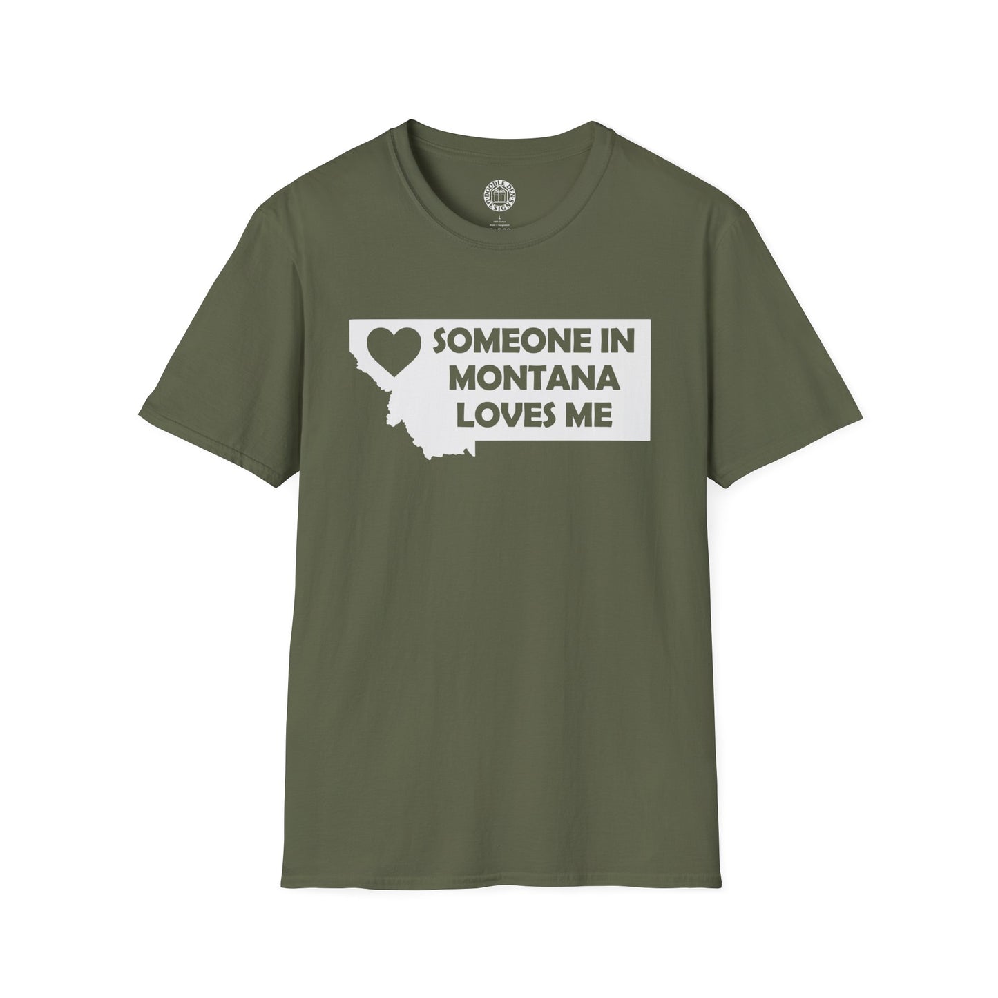 Green t-shirt with 'Someone in Montana Loves Me' graphic on a white background