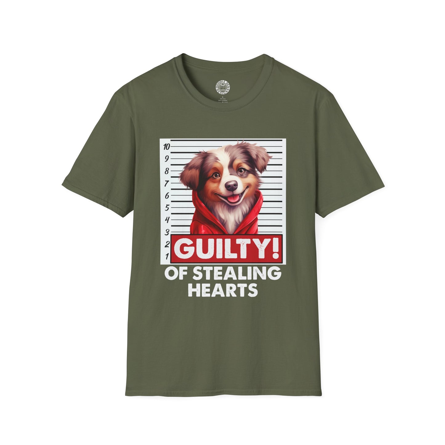 Green t-shirt with a Australian Shepherd dog graphic and text on a white background