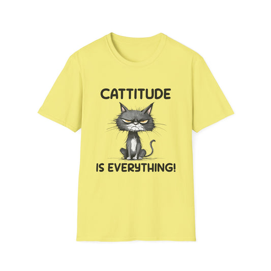Yellow t-shirt with a cat graphic and text  Cattitude Is Everything on a white background