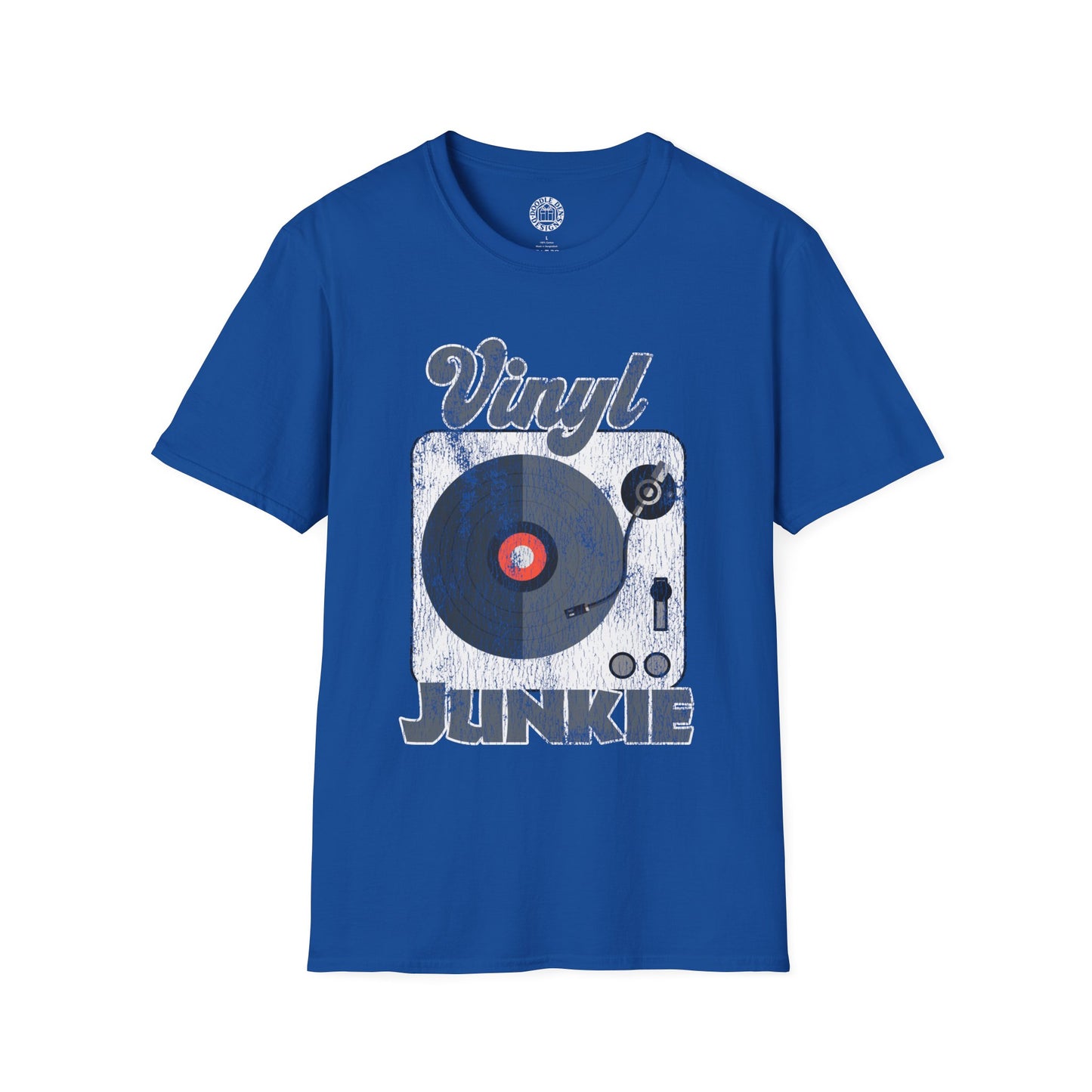 Blue t-shirt with vinyl record design and 'Vinyl Junkie' text on a white background