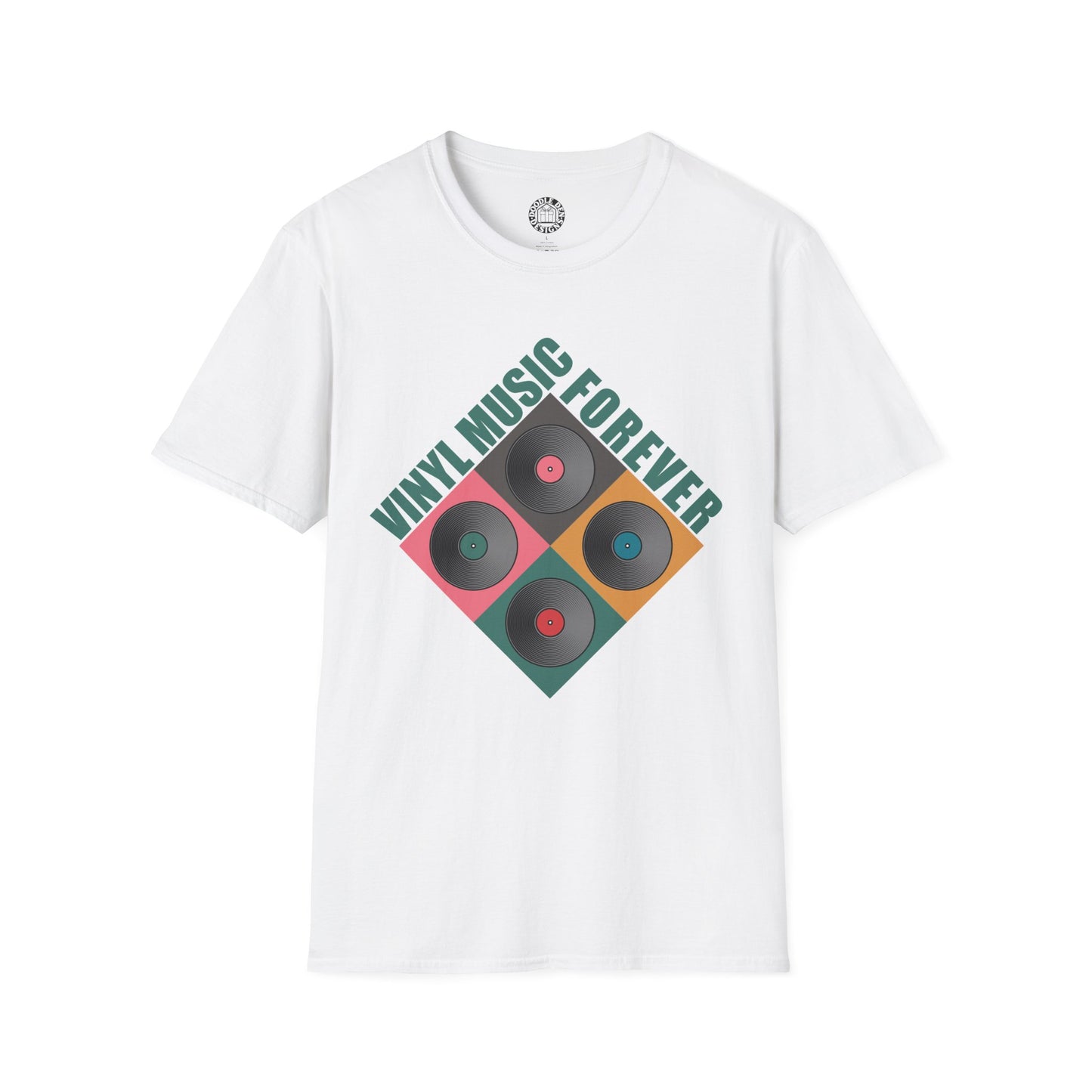 White t-shirt with vinyl record design and 'Vinyl Music Forever' text on a white background