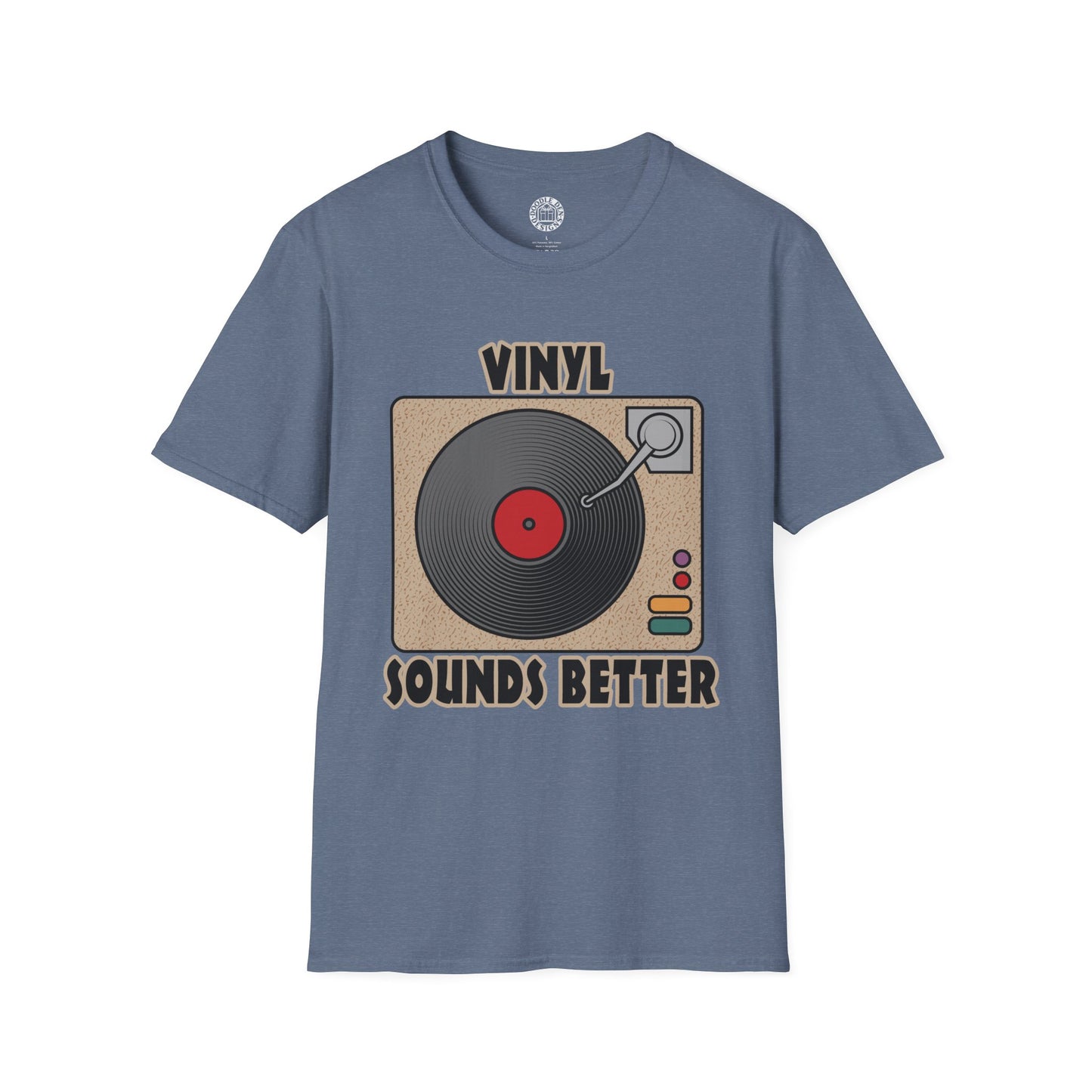 Blue t-shirt with vinyl record graphic and 'Vinyl Sounds Better' text on a white background