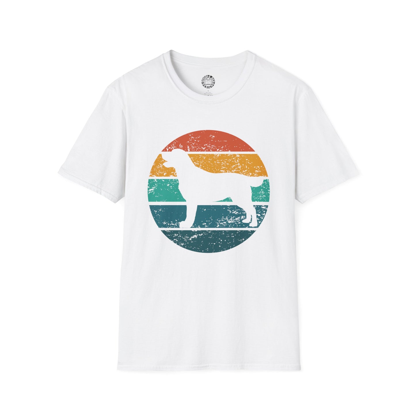White t-shirt with a colorful Labrador Retriever dog silhouette graphic on a white background