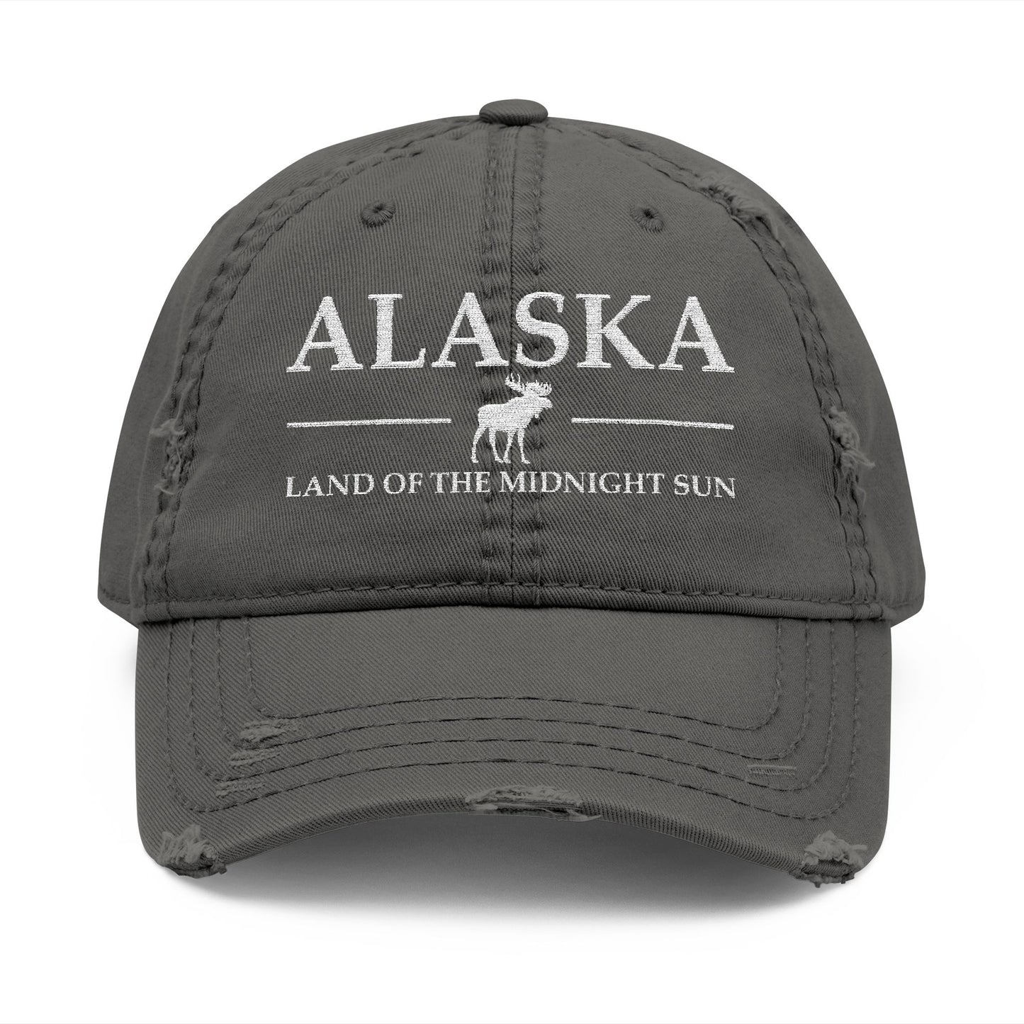 Gray cap with 'Alaska Land of the Midnight Sun' text and moose graphic  embroidered in white thread