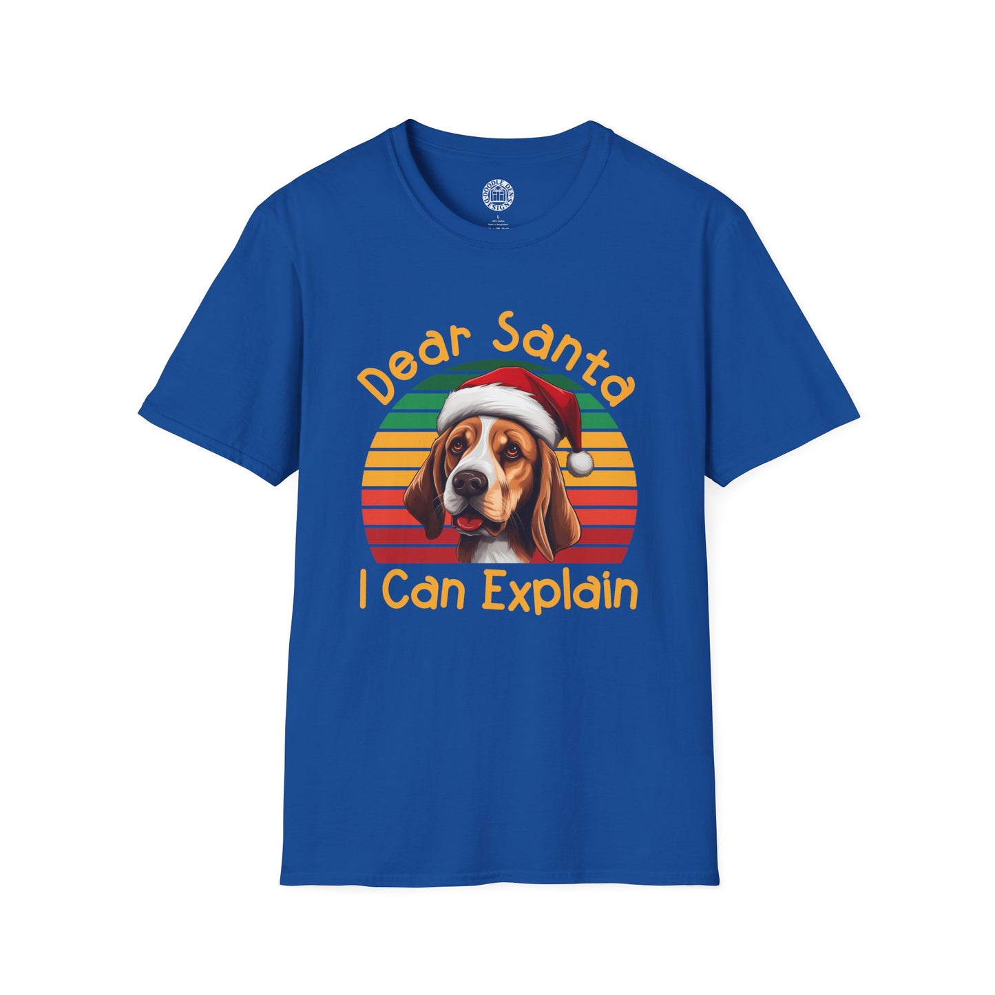 Blue t-shirt with a beagle dog wearing a Santa hat and text 'Dear Santa I Can Explain' on a white background