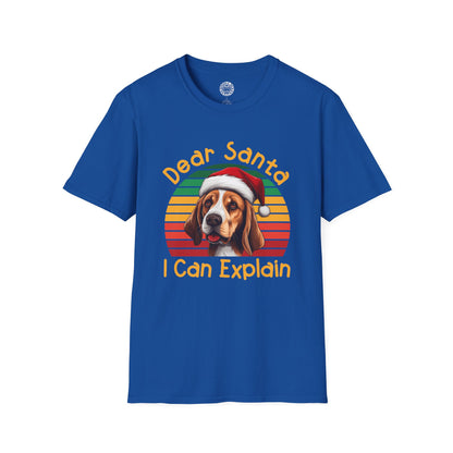 Blue t-shirt with a beagle dog wearing a Santa hat and text 'Dear Santa I Can Explain' on a white background