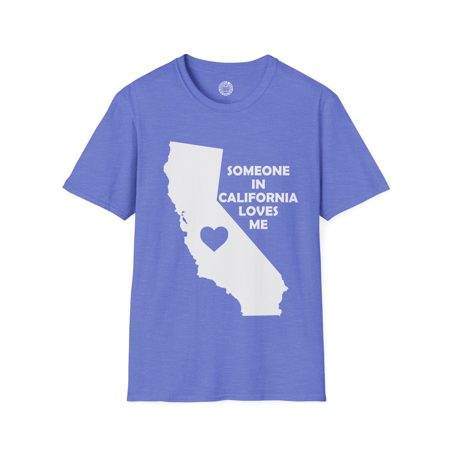 Blue t-shirt with a white graphic of California and text on a white background