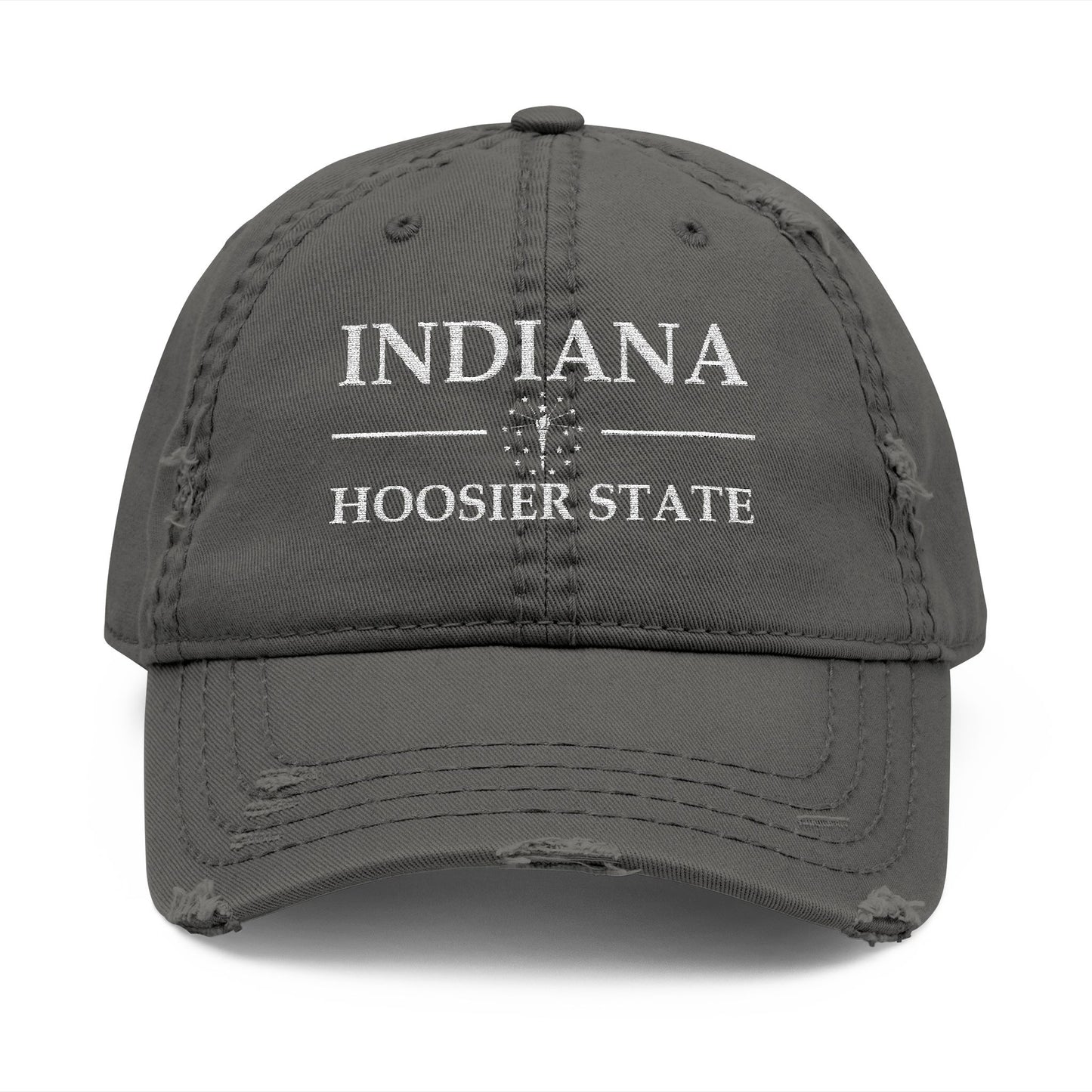 Gray cap with 'Indiana Hoosier State' text  embroidered in white thread