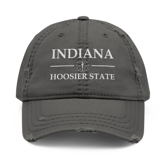 Gray cap with 'Indiana Hoosier State' text  embroidered in white thread