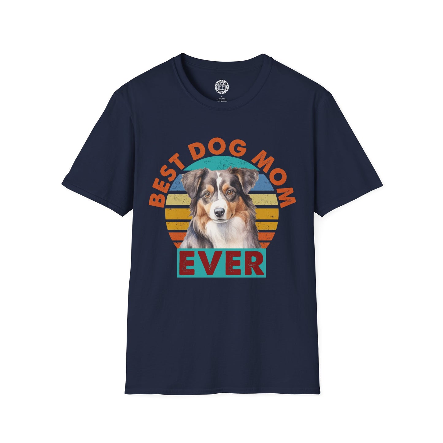 Navy blue t-shirt with a Australian Shepherd dog graphic and 'Best Dog Mom Ever' text on a white background