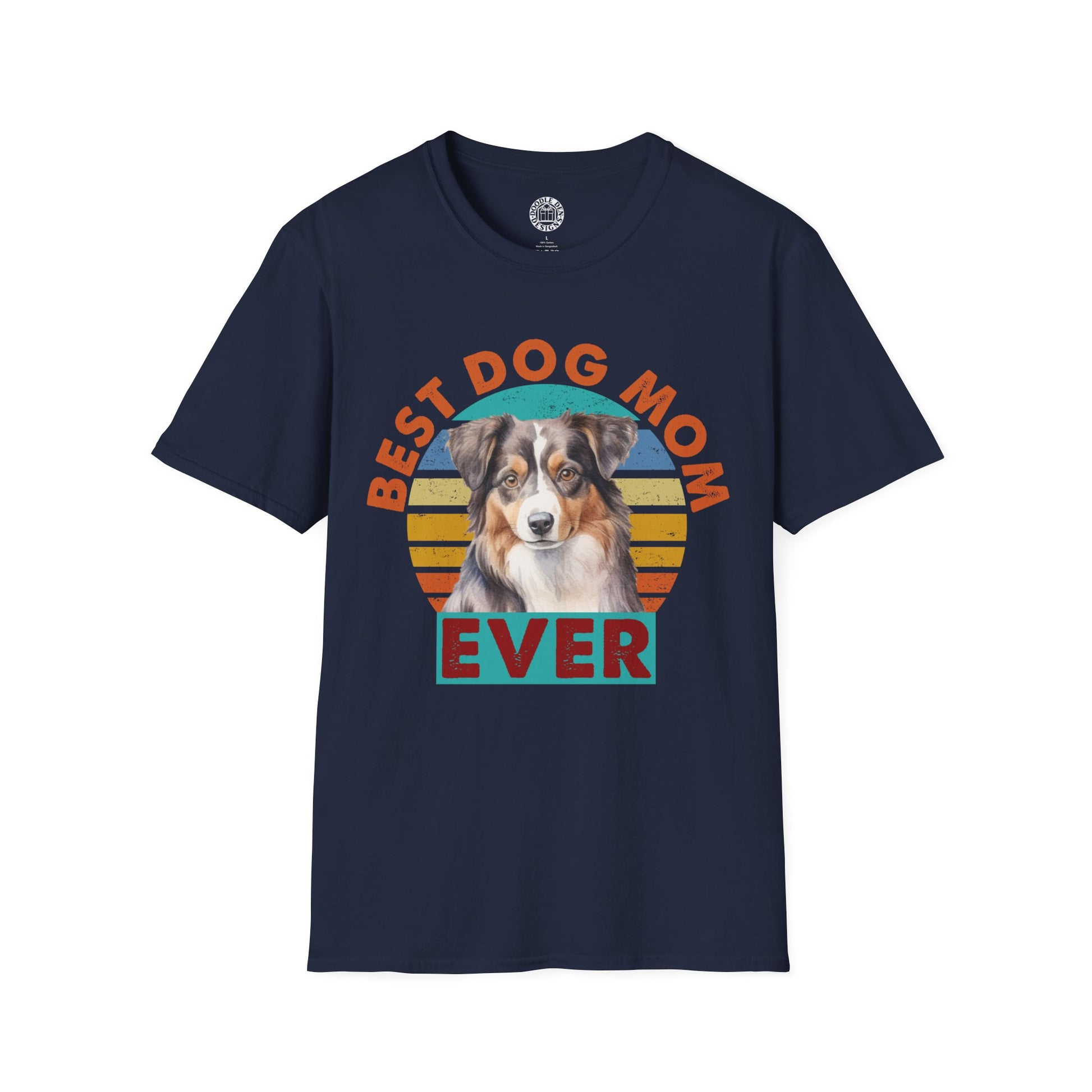 Navy blue t-shirt with a Australian Shepherd dog graphic and 'Best Dog Mom Ever' text on a white background