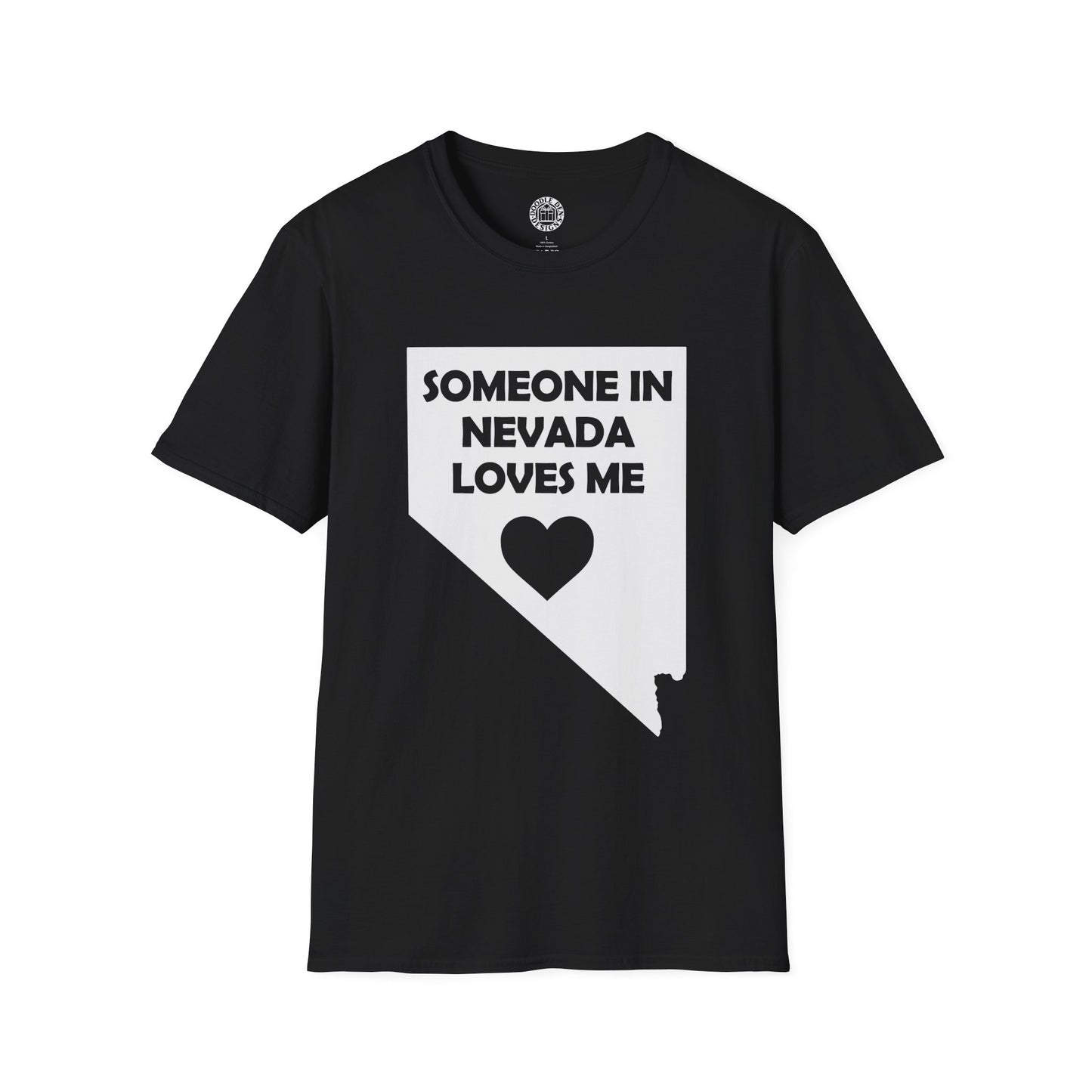 Black t-shirt with 'Someone in Nevada loves me' design on a white background