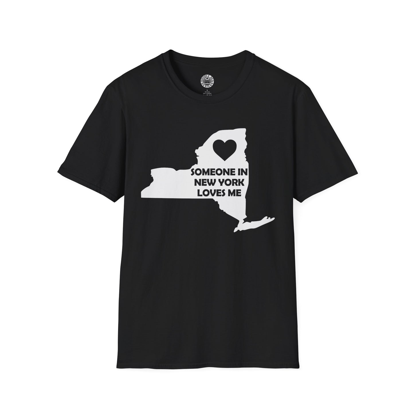 Black t-shirt with a white graphic of New York state and text on a white background with text  Someone In New York Loves Me