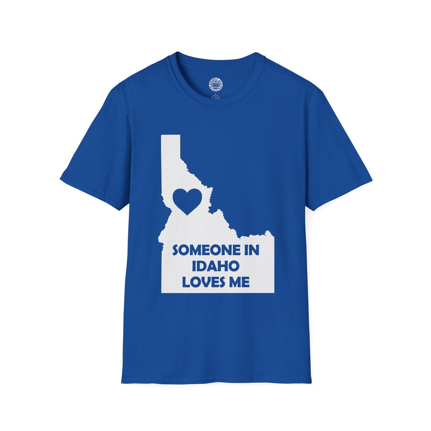 Blue t-shirt with Idaho map and heart design on a white background