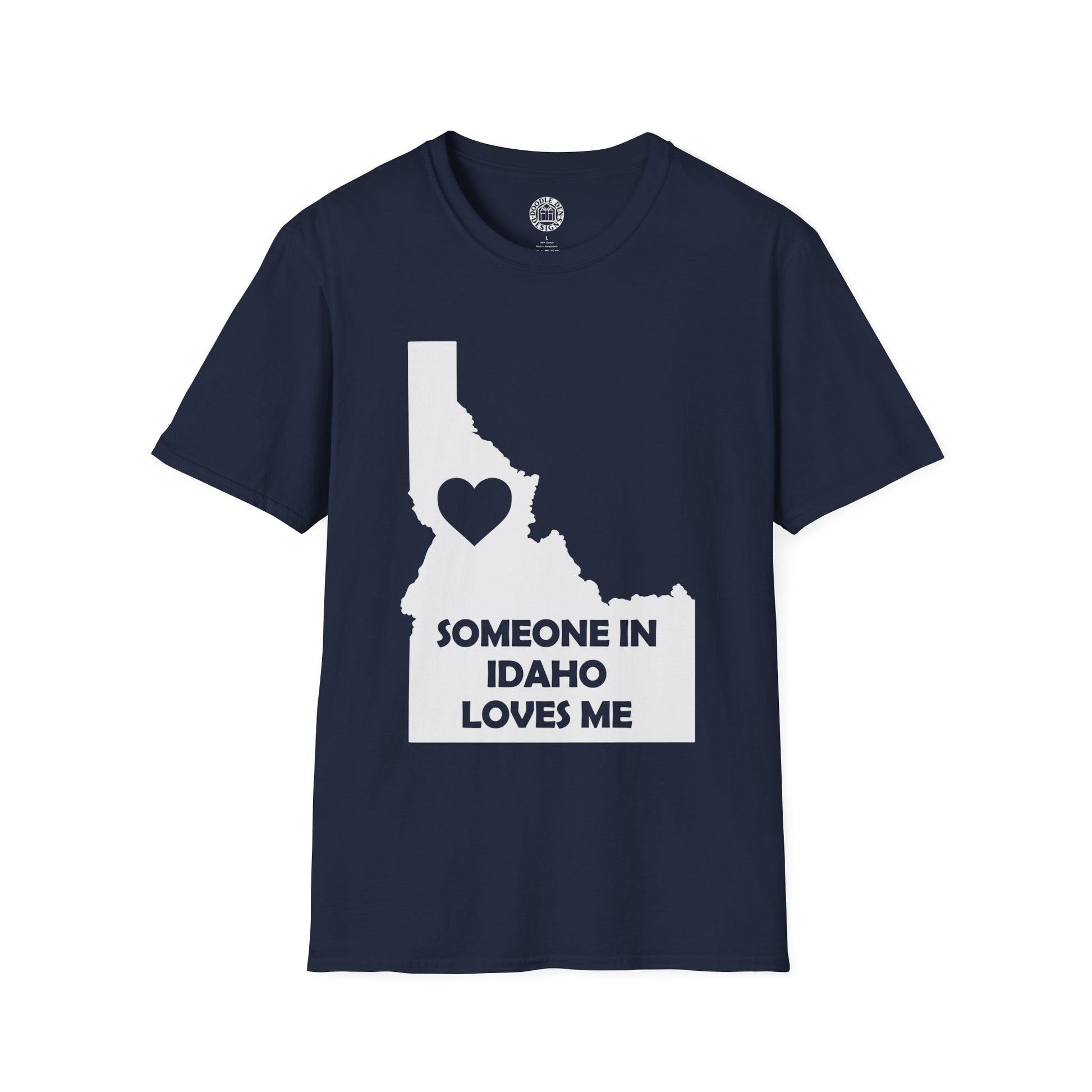 Navy blue t-shirt with Idaho map and heart design on a white background