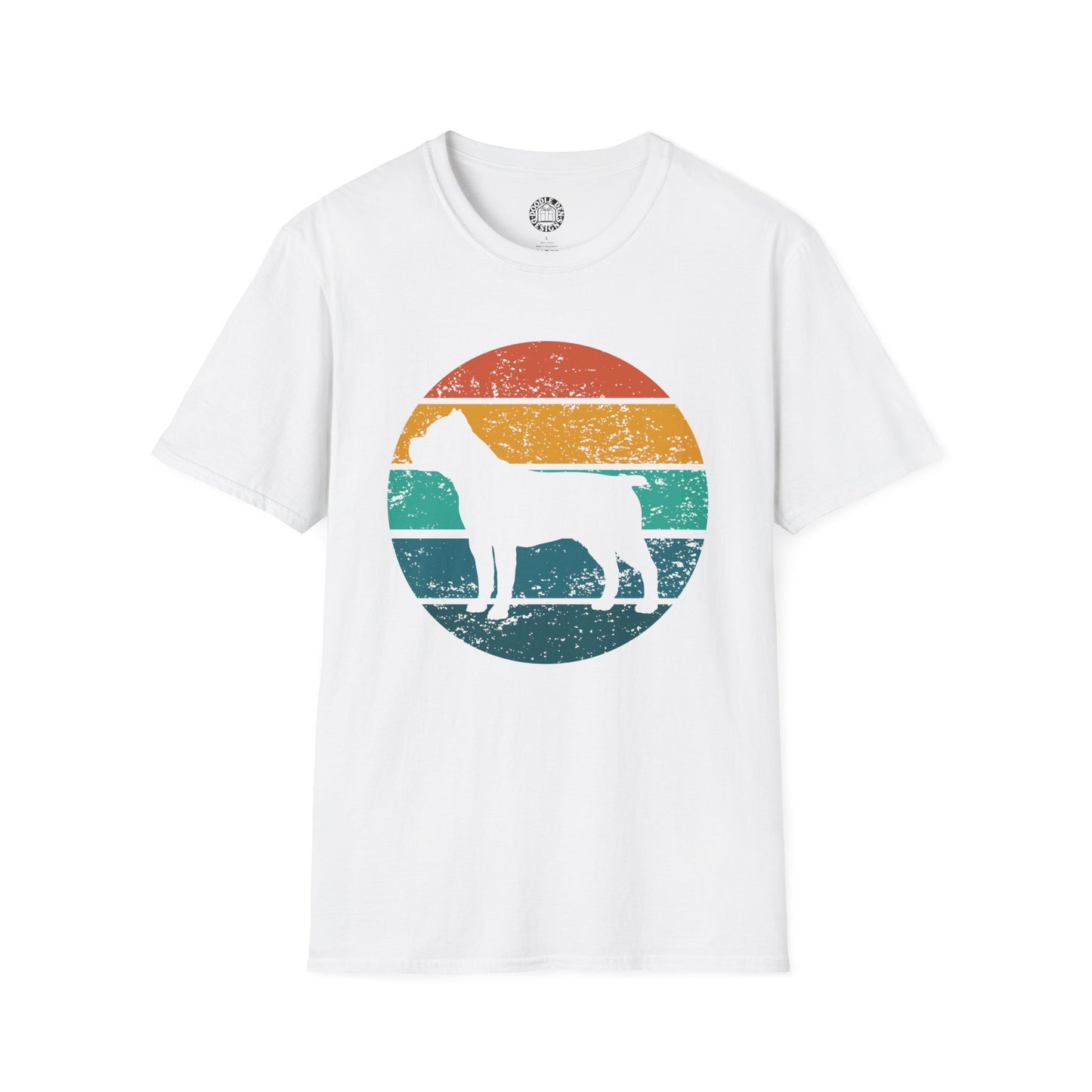 White t-shirt with a colorful cane corso dog graphic on a white background