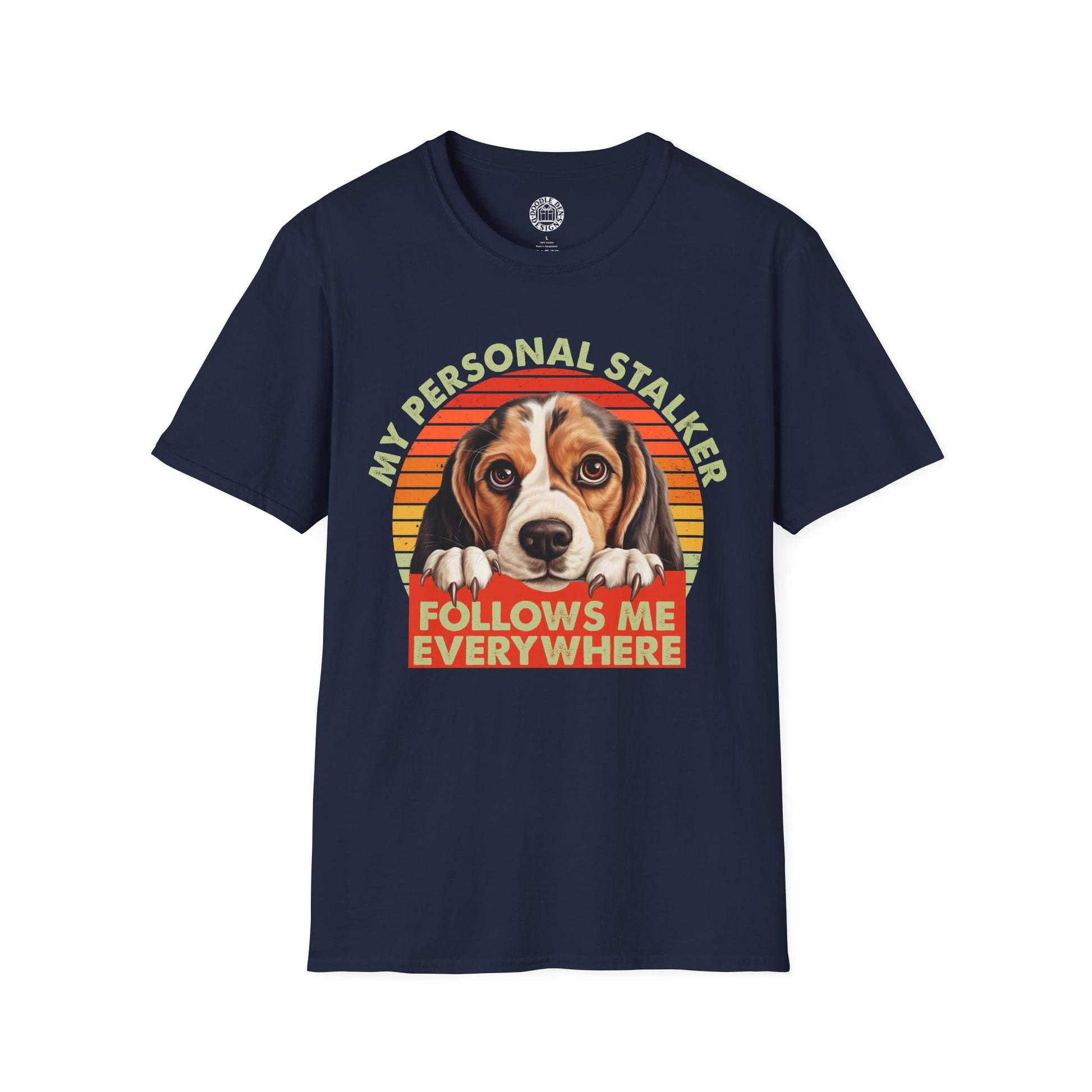 Navy blue t-shirt with a Beagle dog graphic and text on a white background