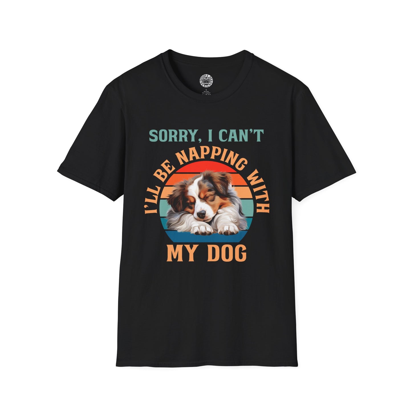 Black t-shirt with a Australian Shepherd dog graphic and text on a white background