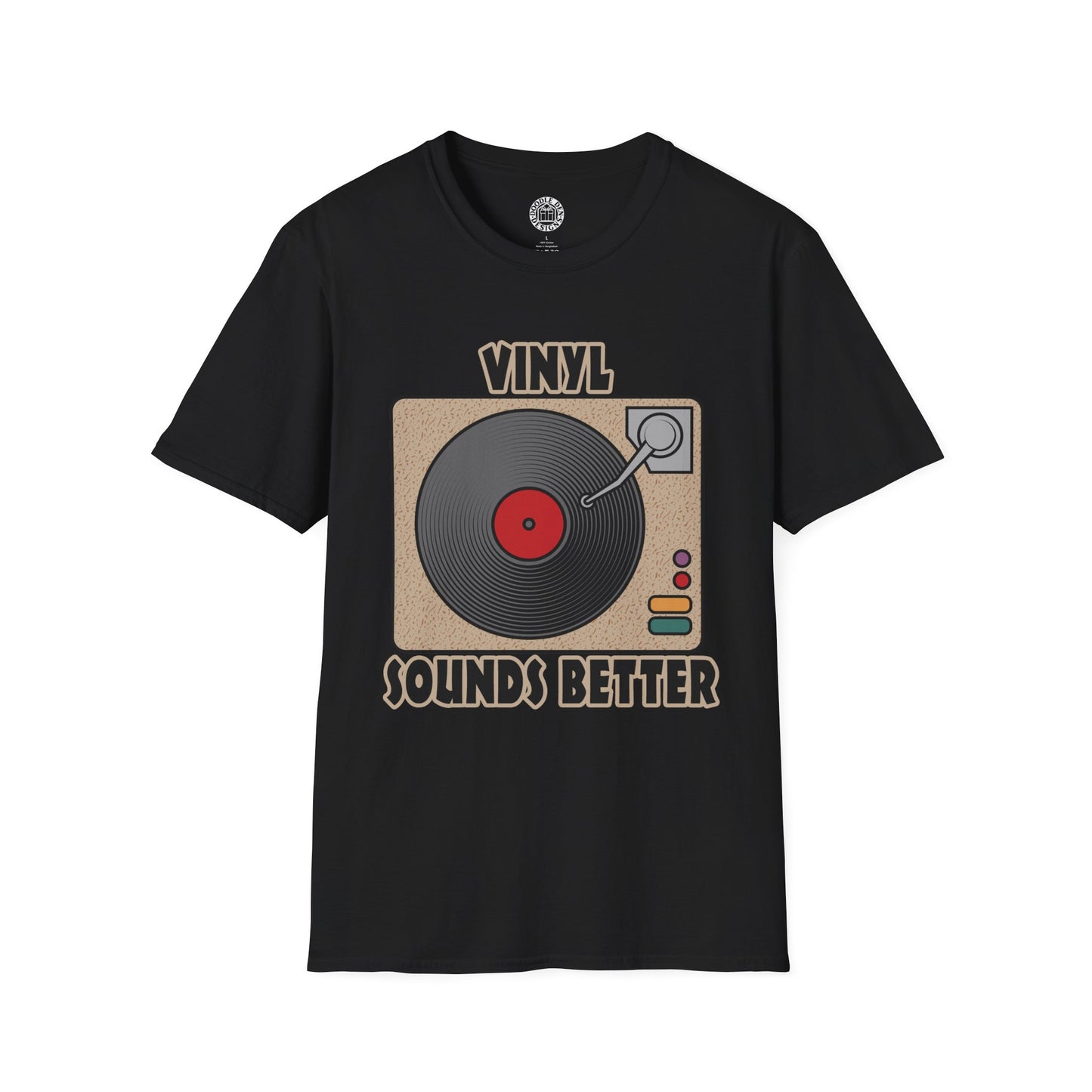 Black t-shirt with vinyl record design and 'Vinyl Sounds Better' text on a white background
