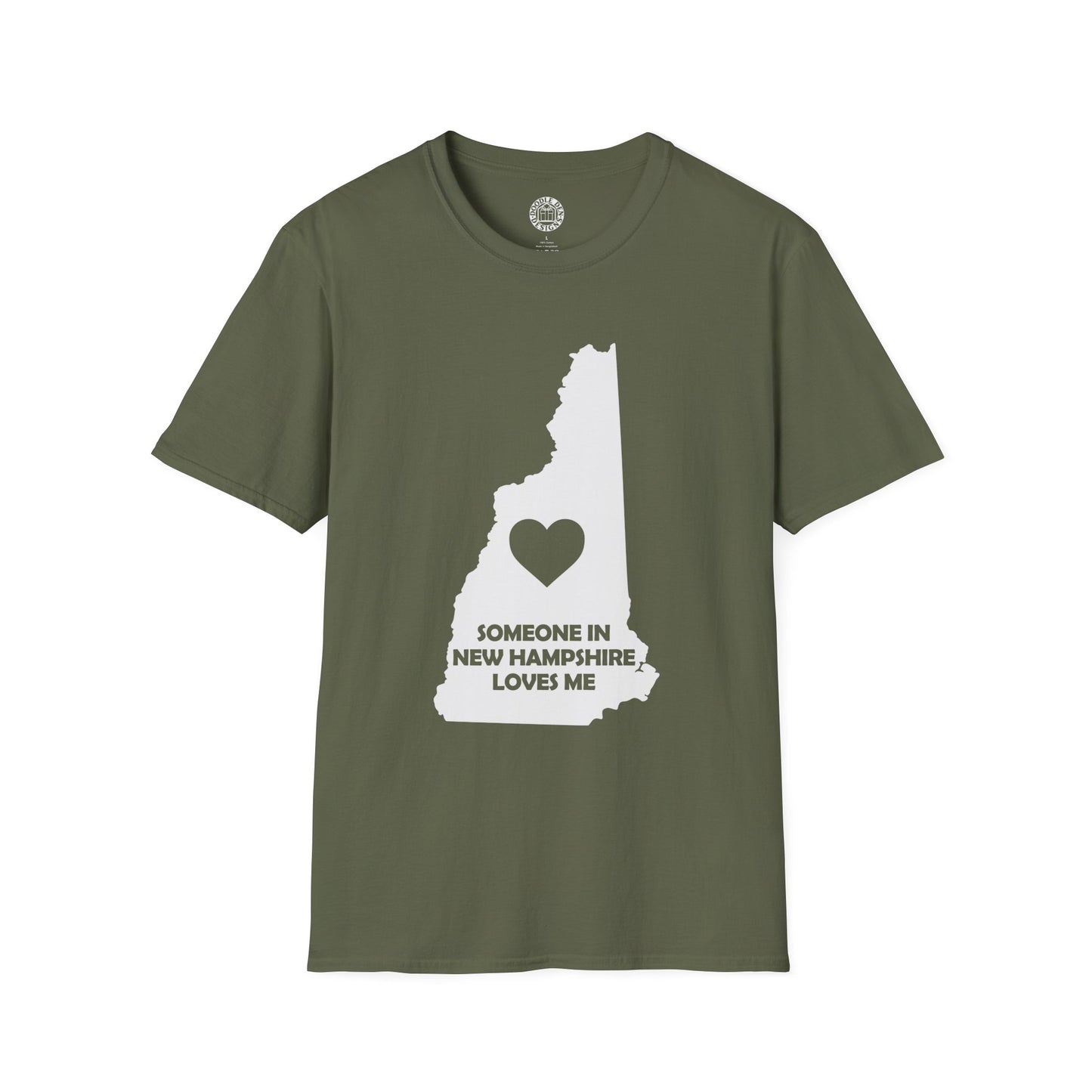 Green t-shirt with white graphic of New Hampshire map and heart, text 'Someone in New Hampshire loves me' on a white background.