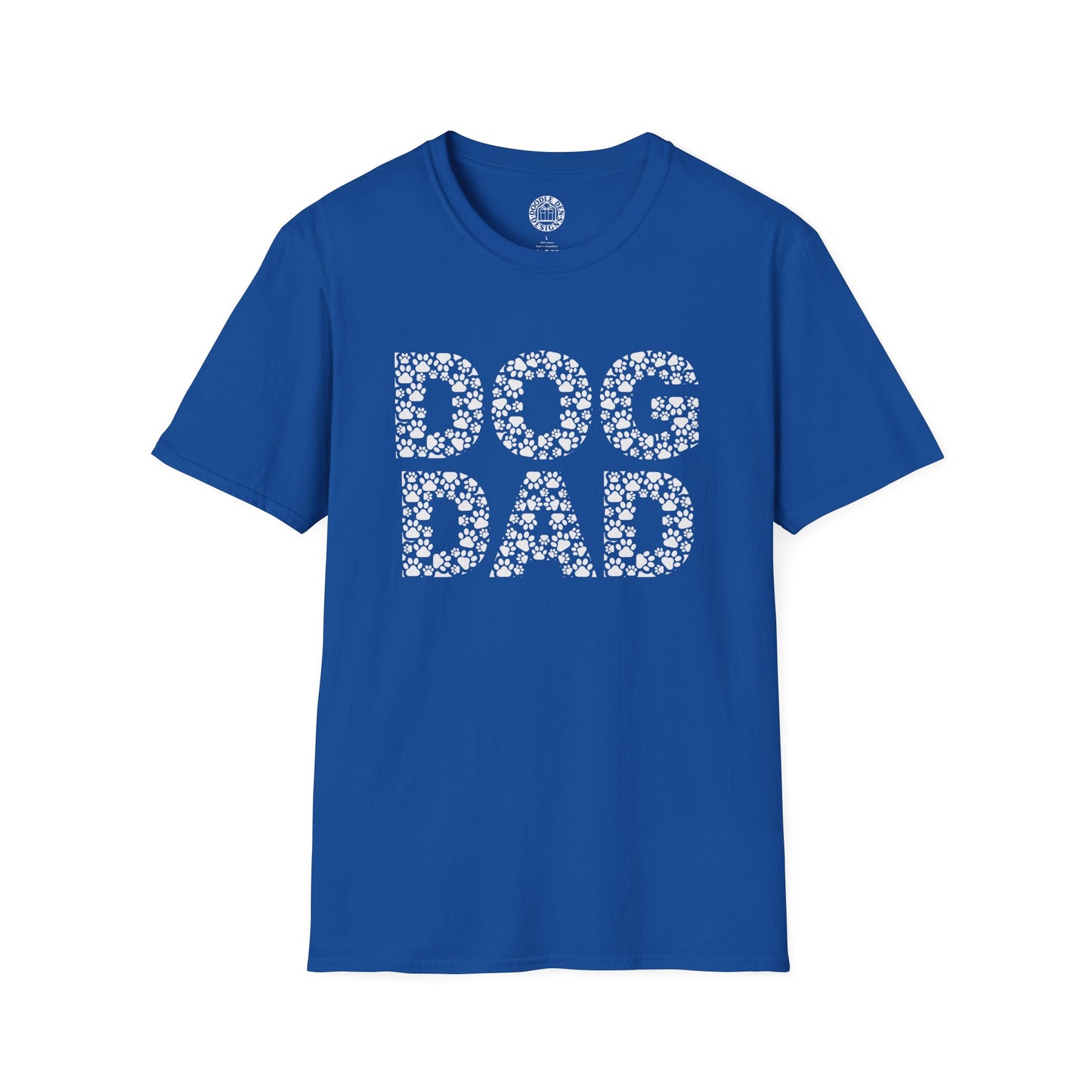 Blue t-shirt with 'DOG DAD' text on a white background