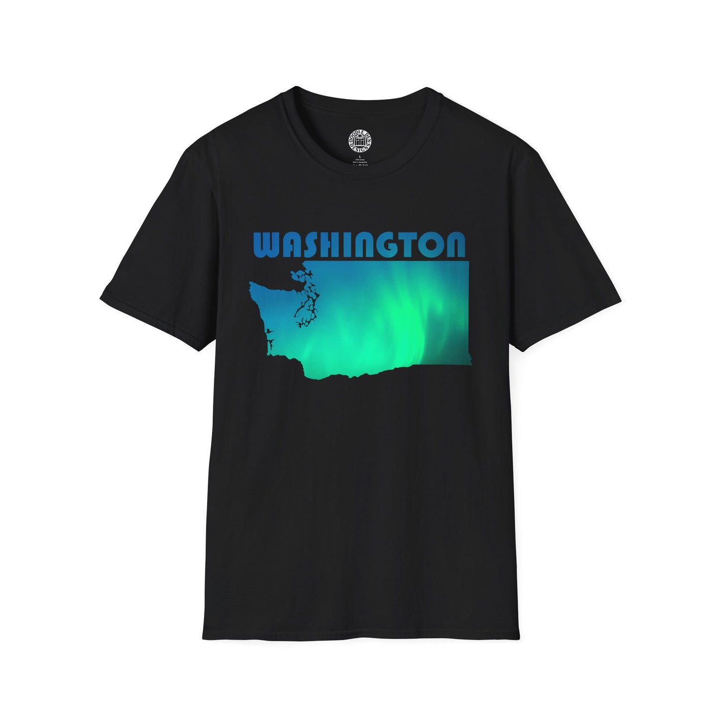 Black t-shirt with 'Washington' and a map graphic on a white background