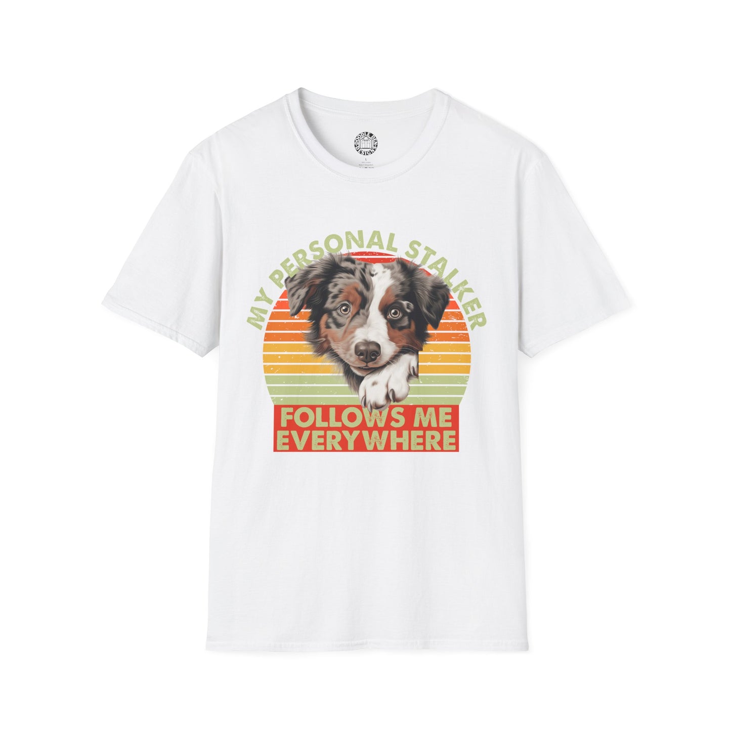White t-shirt with a Australian Shepherd dog graphic and text on a white background