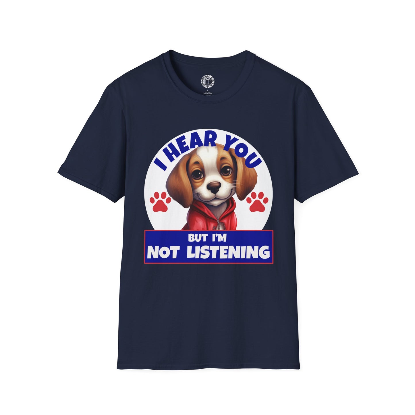 Navy blue t-shirt with a Beagle dog graphic and text on a white background