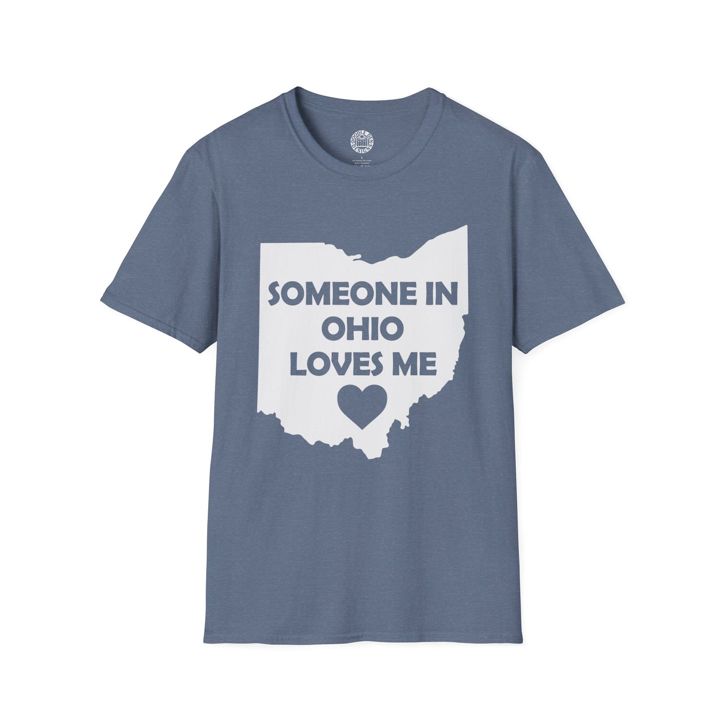 Blue t-shirt with 'Someone in Ohio Loves Me' graphic on a white background